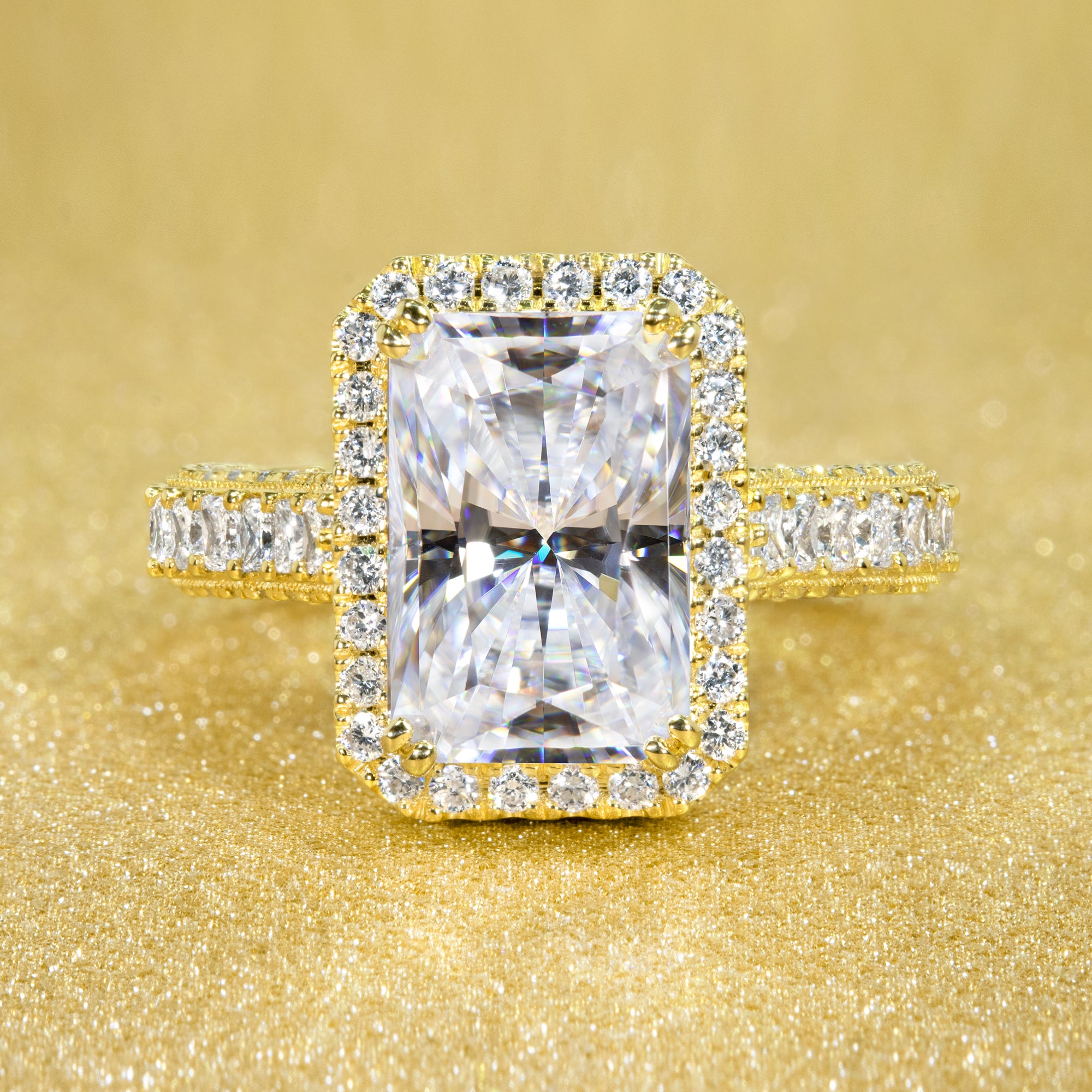 The Elizabeth, Moissanite and lab-grown diamond Two-tiered Halo Engagement Ring by Earthena Jewelry
