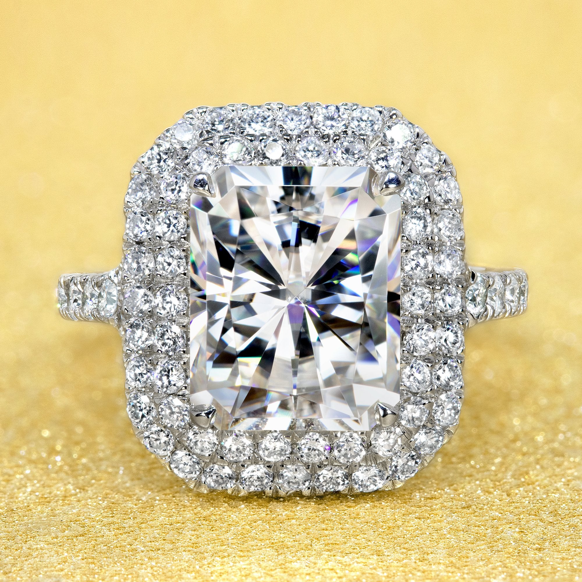 stunning double halo diamond and moissanite engagement rings.