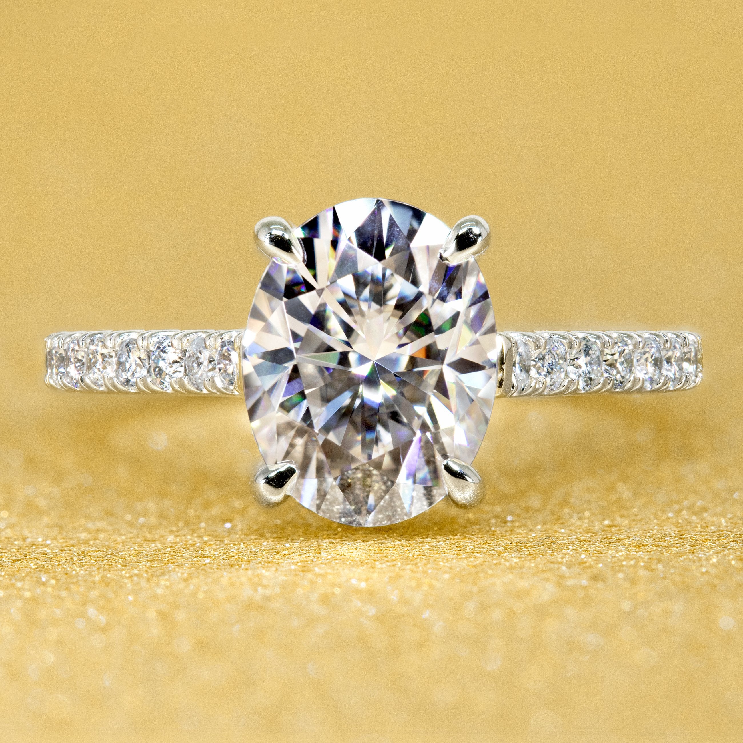 classic and timeless cathedral diamond and moissanite engagement ring.