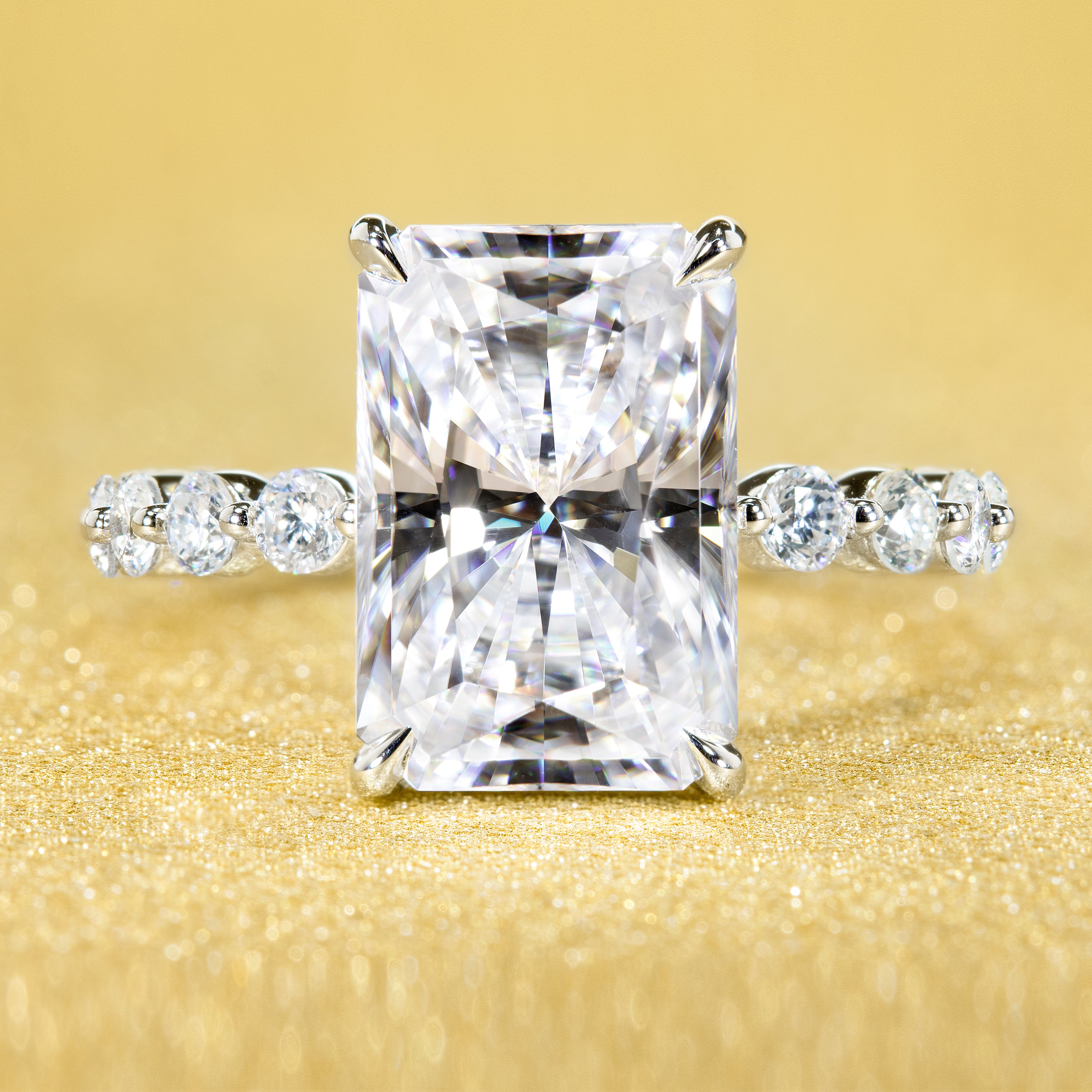 4.5ct elongated radiant-cut moissanite and lab-grown diamond hidden halo floating engagement ring ring by Earthena jewelry