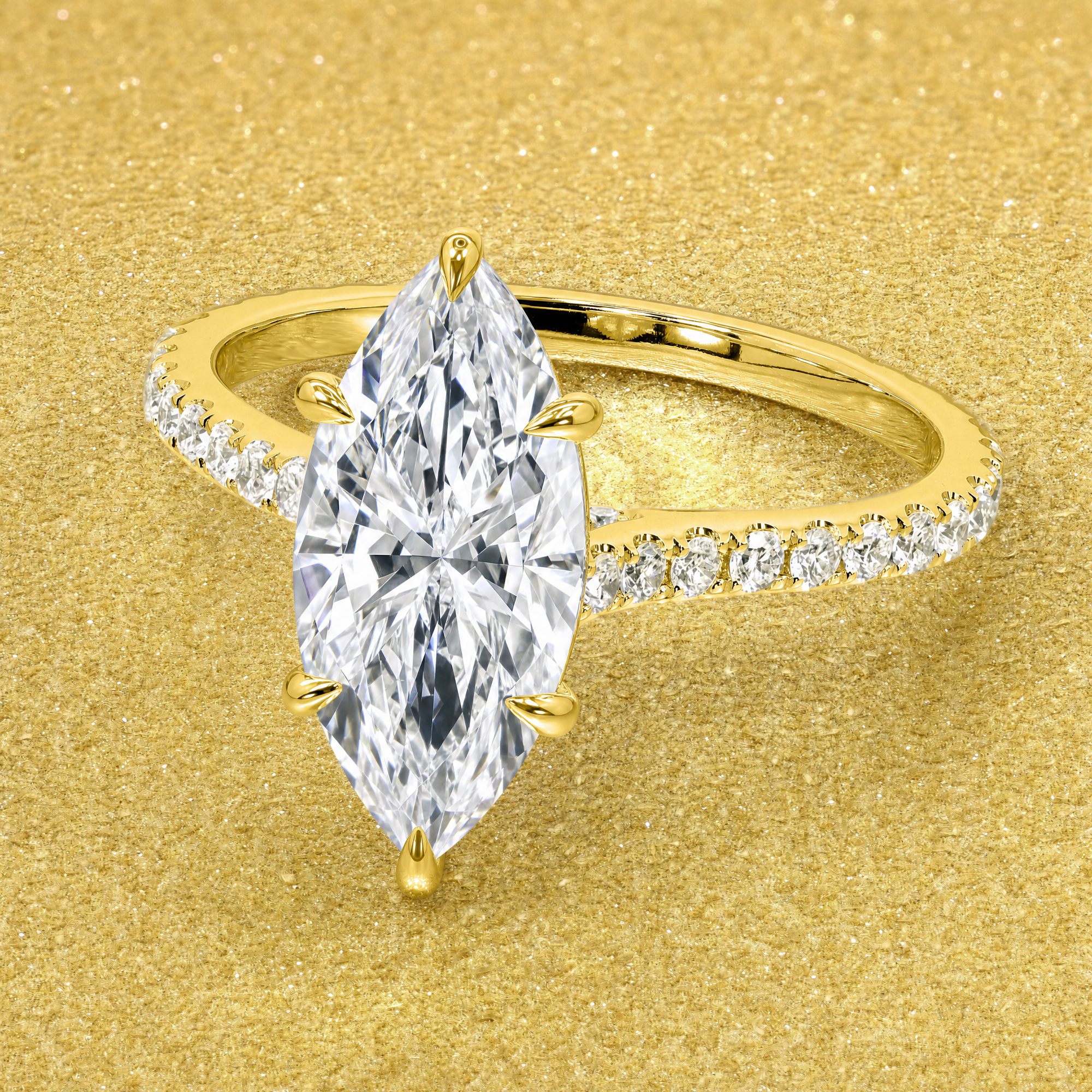 Classic Emilia 4ct Elongated Marquise-Cut Lab-Grown Diamond Hidden Halo Diamond Bridge Cathedral Engagement Ring in 14K Gold, 18K Gold, or Platinum by Earthena Jewelry of Beverly Hills.