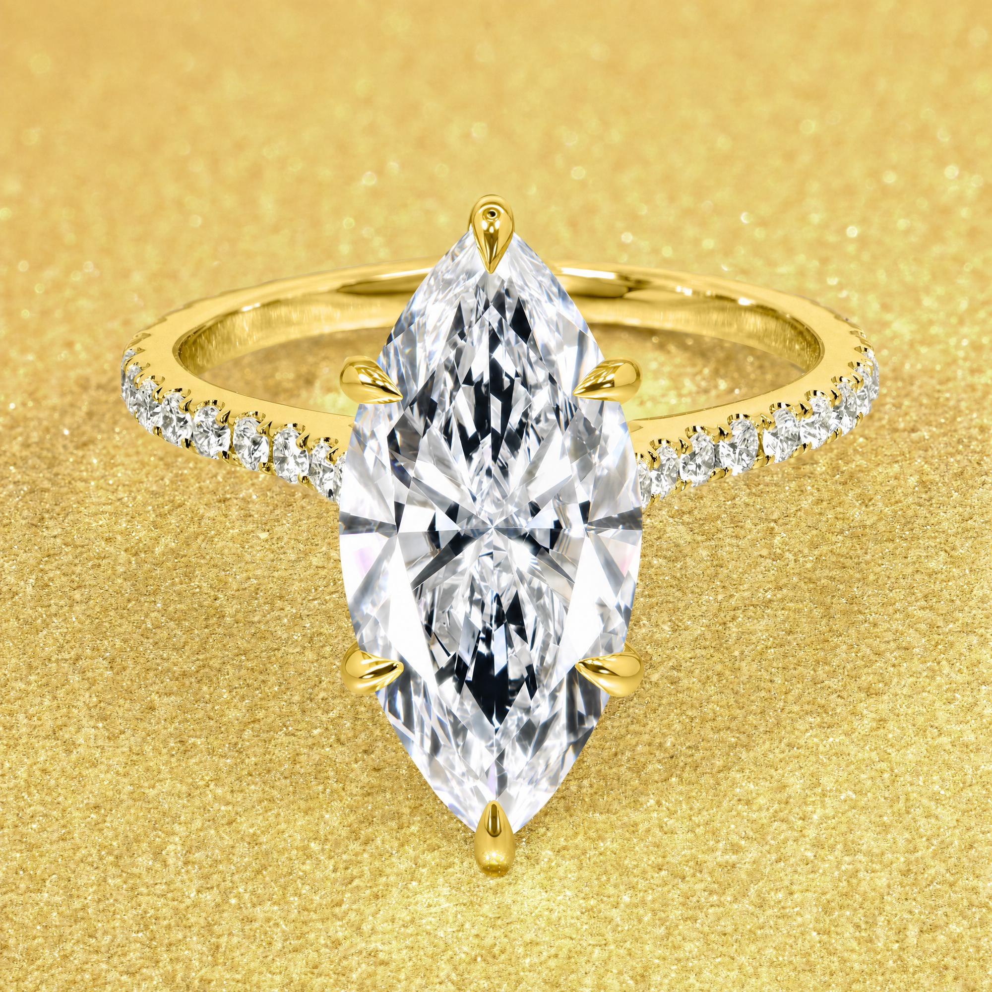 Classic Emilia 4ct Elongated Marquise-Cut Lab-Grown Diamond Hidden Halo Diamond Bridge Cathedral Engagement Ring in 14K Gold, 18K Gold, or Platinum by Earthena Jewelry of Beverly Hills.