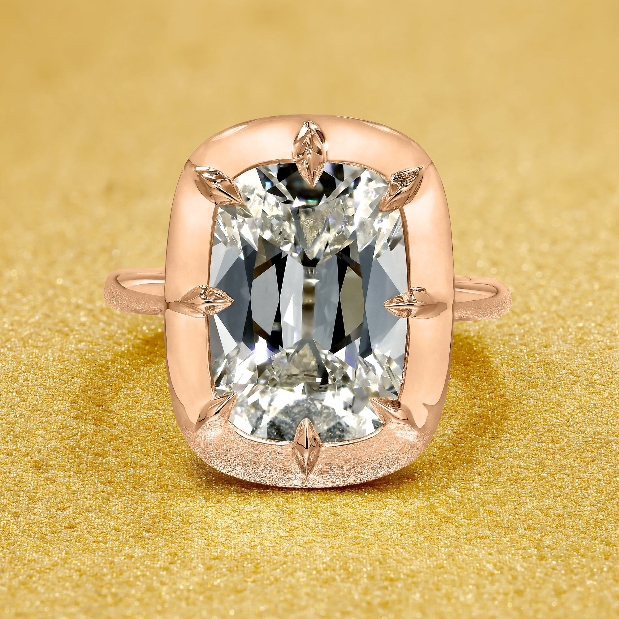 Elizabeth 4.95ct Elongated Old Mine Cut Lab-Grown Diamond Engagement Ring in 14K Gold, 18K Gold, and Platinum by Earthena Jewelry of Beverly Hills.