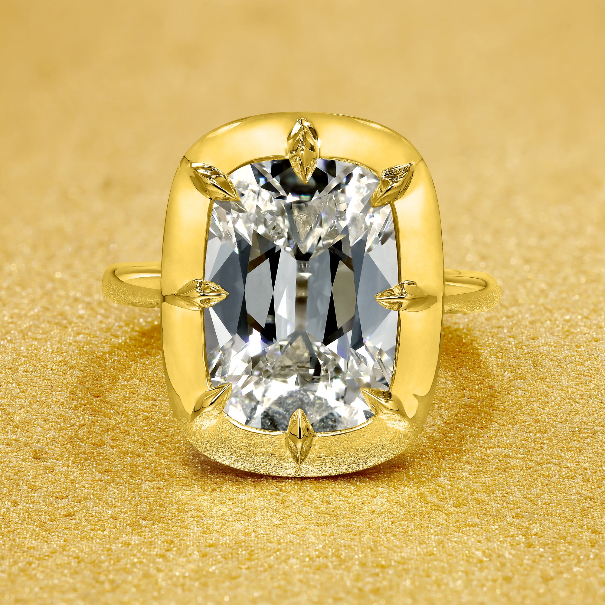 Elizabeth 4.95ct Elongated Old Mine Cut Lab-Grown Diamond Engagement Ring in 14K Gold, 18K Gold, and Platinum by Earthena Jewelry of Beverly Hills.