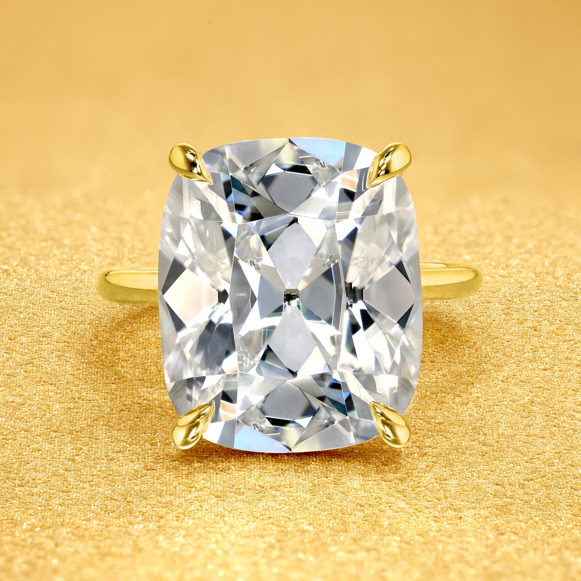 The Adara Elongated Old Mine Cushion-cut Hidden Halo Moissanite Engagement Ring, a classic look with an elegant twist complemented by Lab Diamonds handcrafted in 14K gold, 18K gold, or Platinum by Earthena Jewelry of Beverly Hills.