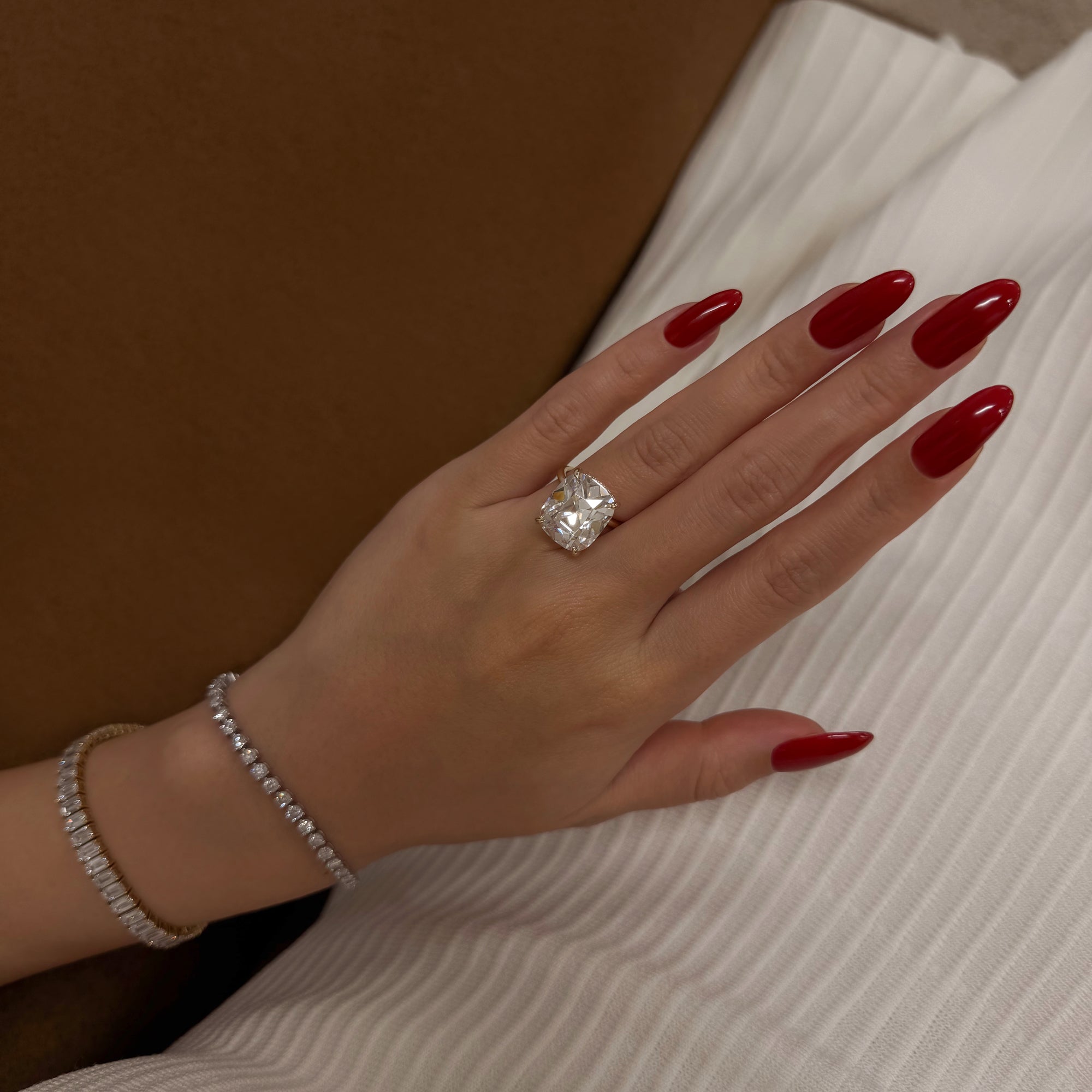 The Adara Elongated Old Mine Cushion-cut Hidden Halo Moissanite Engagement Ring in 14K gold, 18K gold, or Platinum by Earthena Jewelry of Beverly Hills.