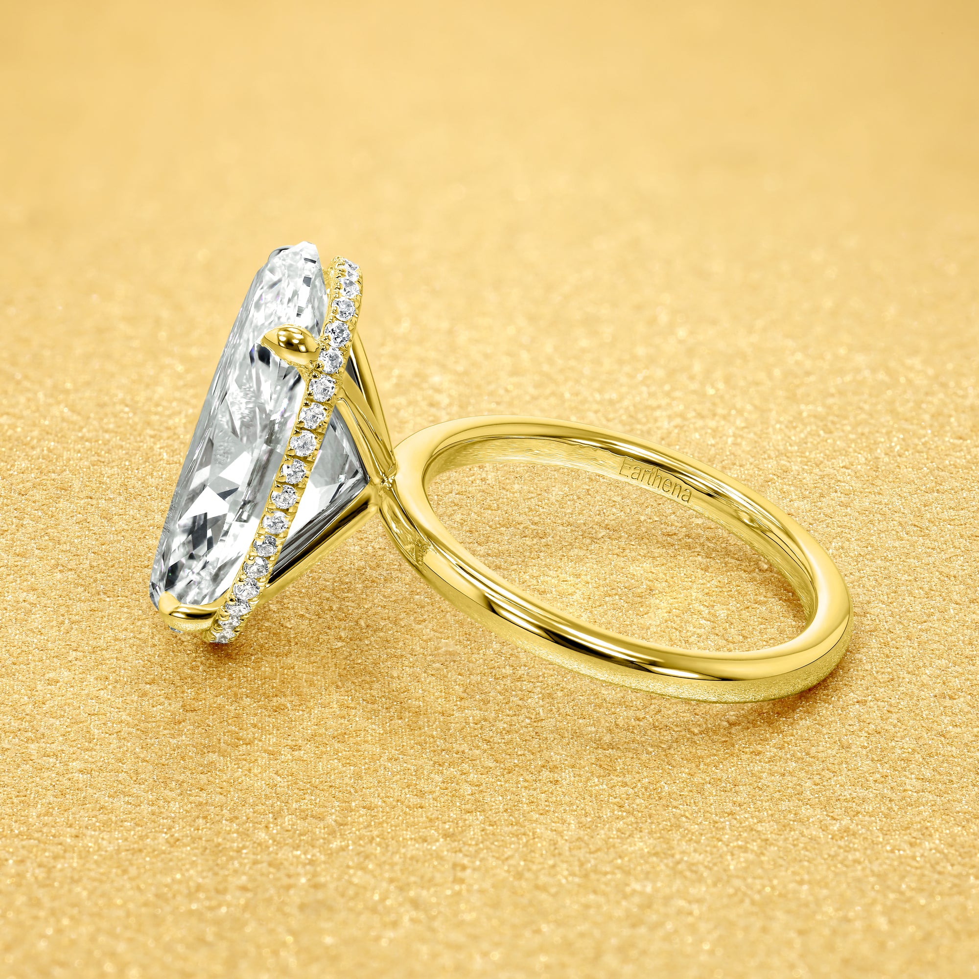 Classic Adara 7.5ct Elongated Oval-Cut Lab-Grown Diamond Hidden Eternity Halo Engagement Ring in 14K Gold, 18K Gold, or Platinum by Earthena Jewelry of Beverly Hills.