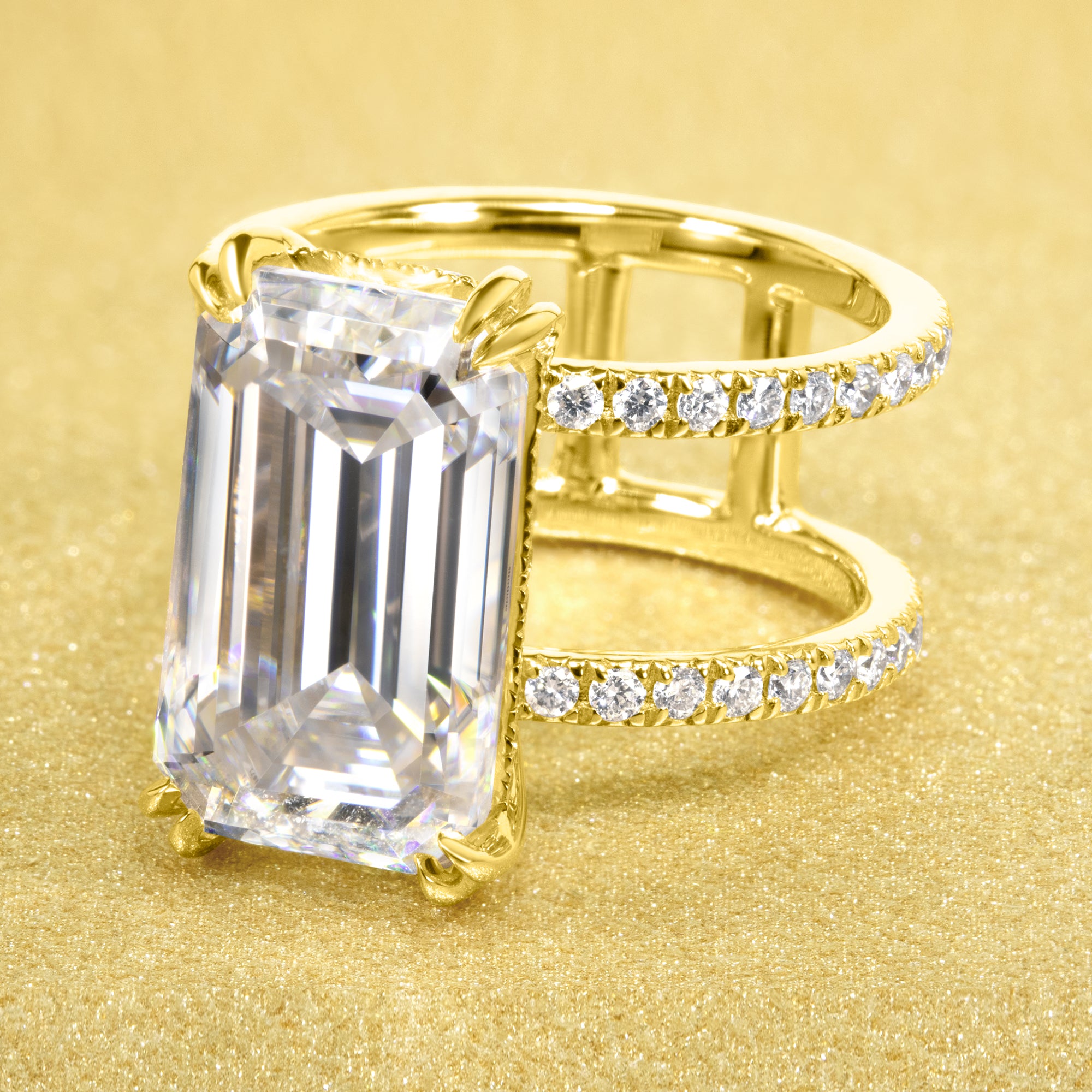 Alessandra 10ct Elongated Emerald-cut Moissanite Double Band Hidden Halo Engagement ring in 14K gold, 18K gold, or Platinum handcrafted in Los Angeles by Earthena Jewelry.
