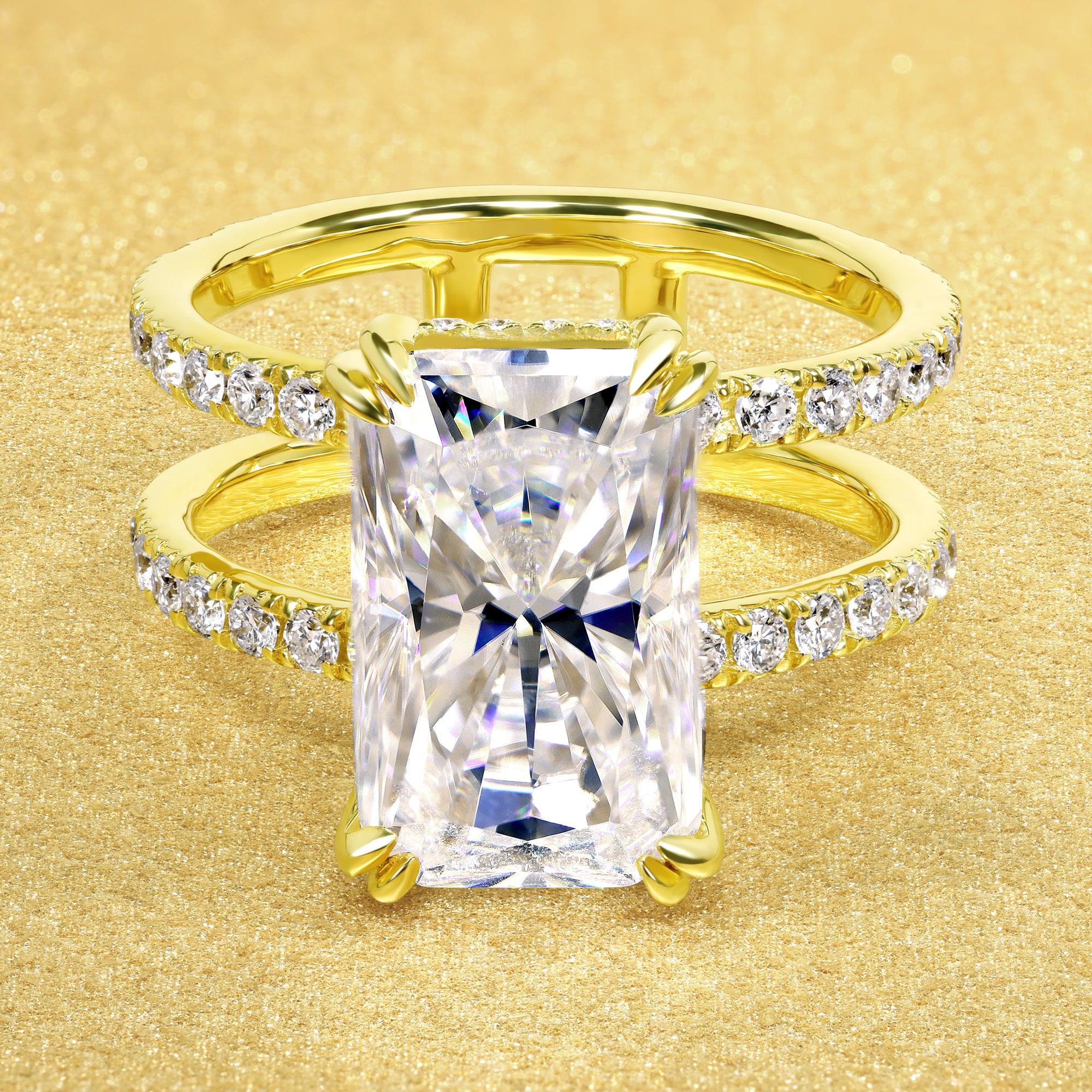 Alessandra 4.25ct Elongated Radiant Brilliant-cut Moissanite Double Band Hidden Halo Engagement ring in 14K Gold, 18K Gold, or Platinum handcrafted in Los Angeles by Earthena Jewelry.