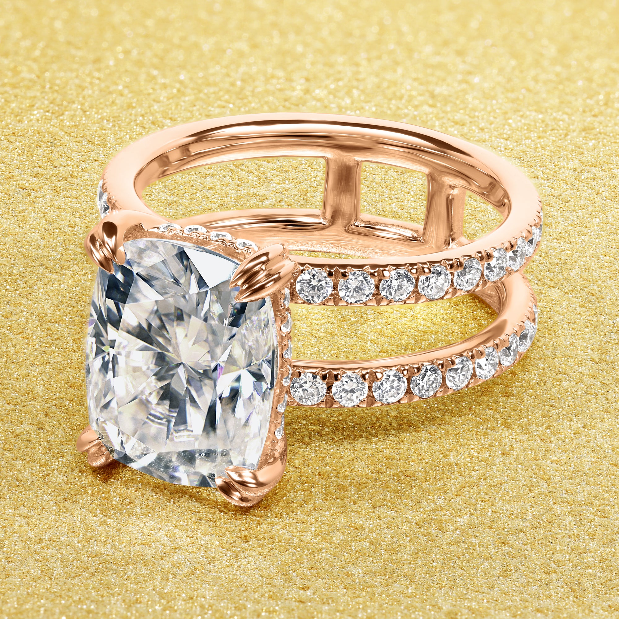 Alessandra 4ct Elongated Cushion-cut Moissanite Double Band Hidden Halo Engagement ring in 14K Gold, 18K Gold, or Platinum handcrafted in Los Angeles by Earthena Jewelry.