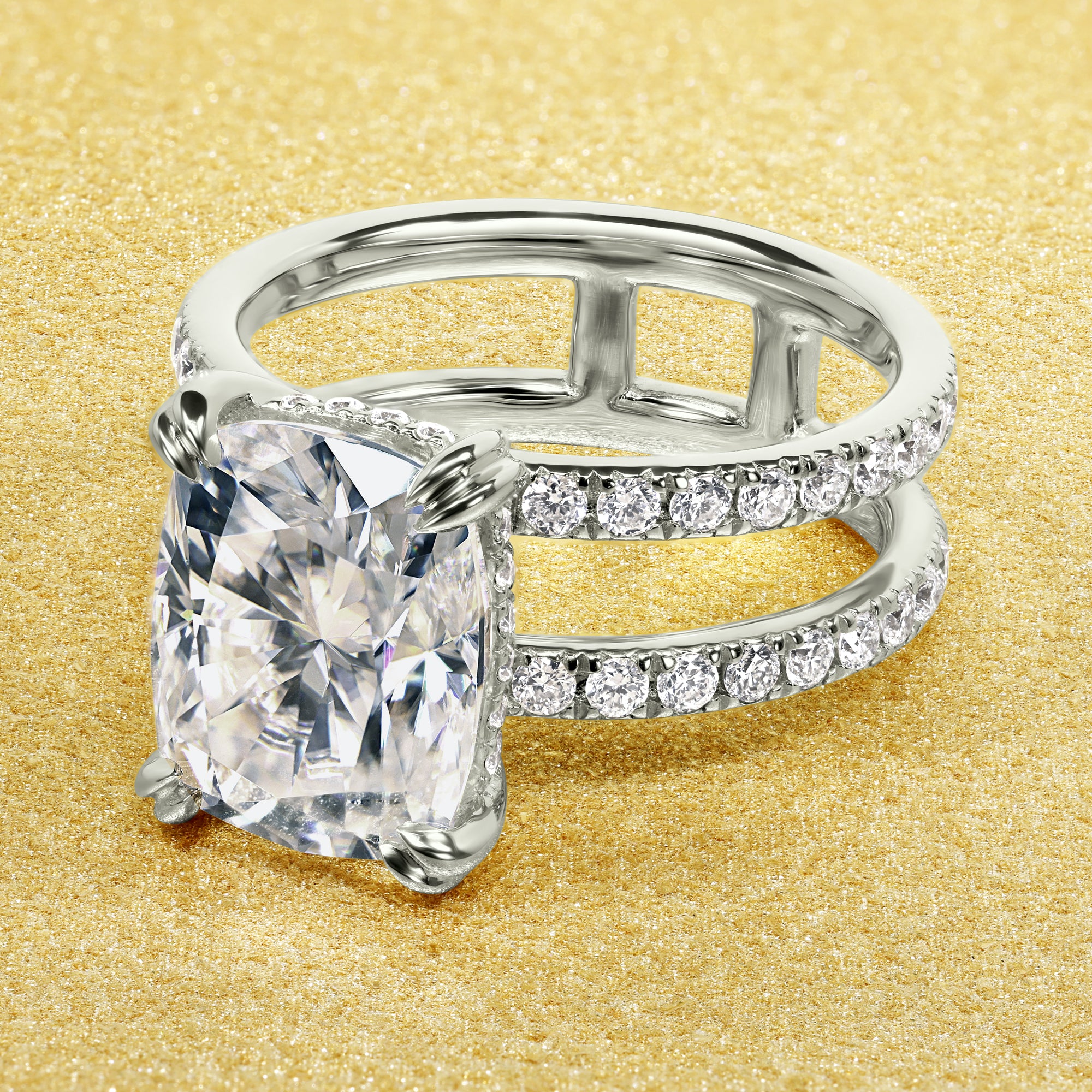 Alessandra 4ct Elongated Cushion-cut Moissanite Double Band Hidden Halo Engagement ring in 14K Gold, 18K Gold, or Platinum handcrafted in Los Angeles by Earthena Jewelry.