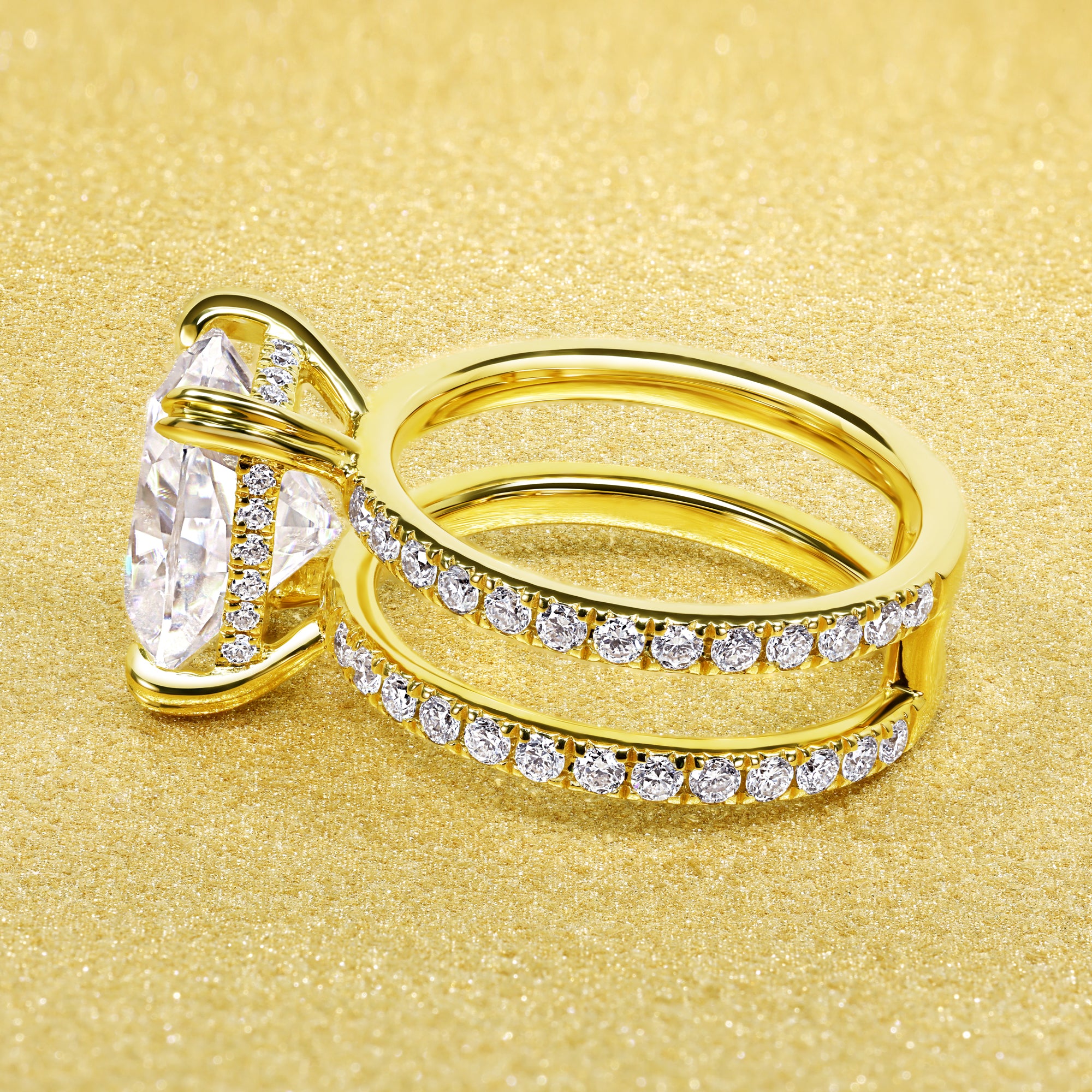 Alessandra 4ct Elongated Cushion-cut Moissanite Double Band Hidden Halo Engagement ring in 14K Gold, 18K Gold, or Platinum handcrafted in Los Angeles by Earthena Jewelry.