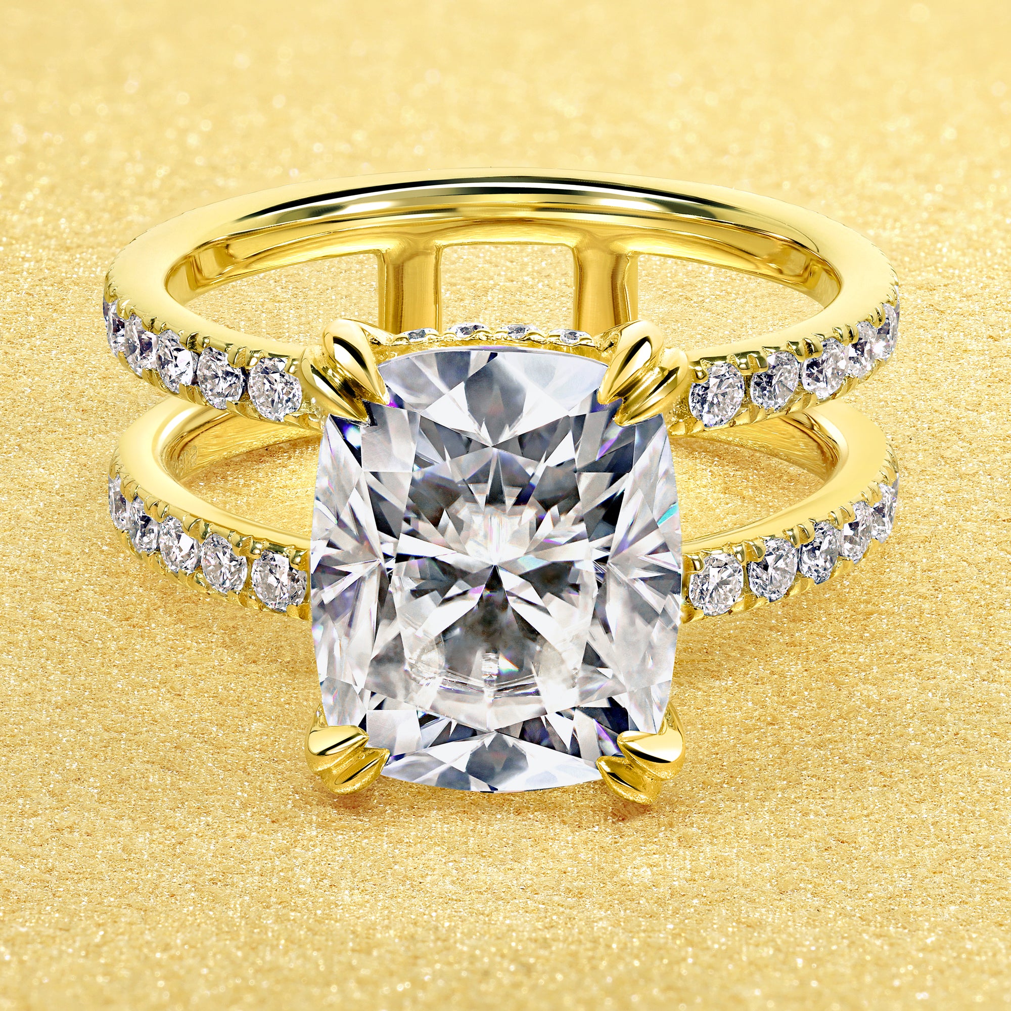 Alessandra 4ct Elongated Cushion-cut Moissanite Double Band Hidden Halo Engagement ring in 14K Gold, 18K Gold, or Platinum handcrafted in Los Angeles by Earthena Jewelry.