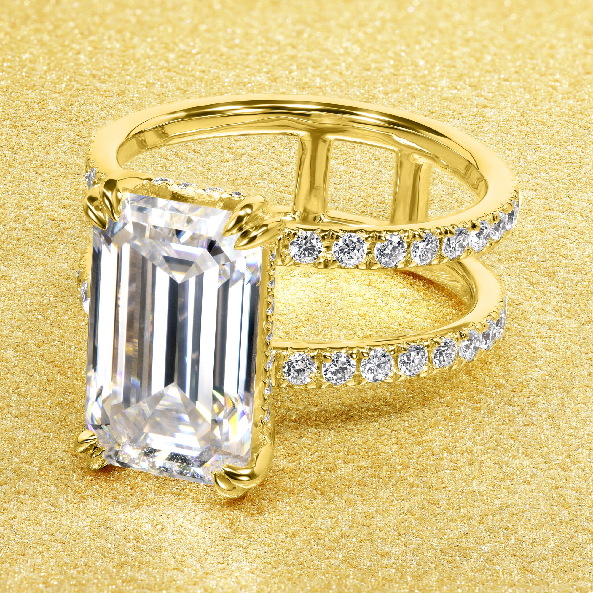 Alessandra 5ct Elongated Emerald-cut Moissanite Double Band Hidden Halo Engagement ring in 14K Gold, 18K Gold, Platinum handcrafted in Los Angeles by Earthena Jewelry.