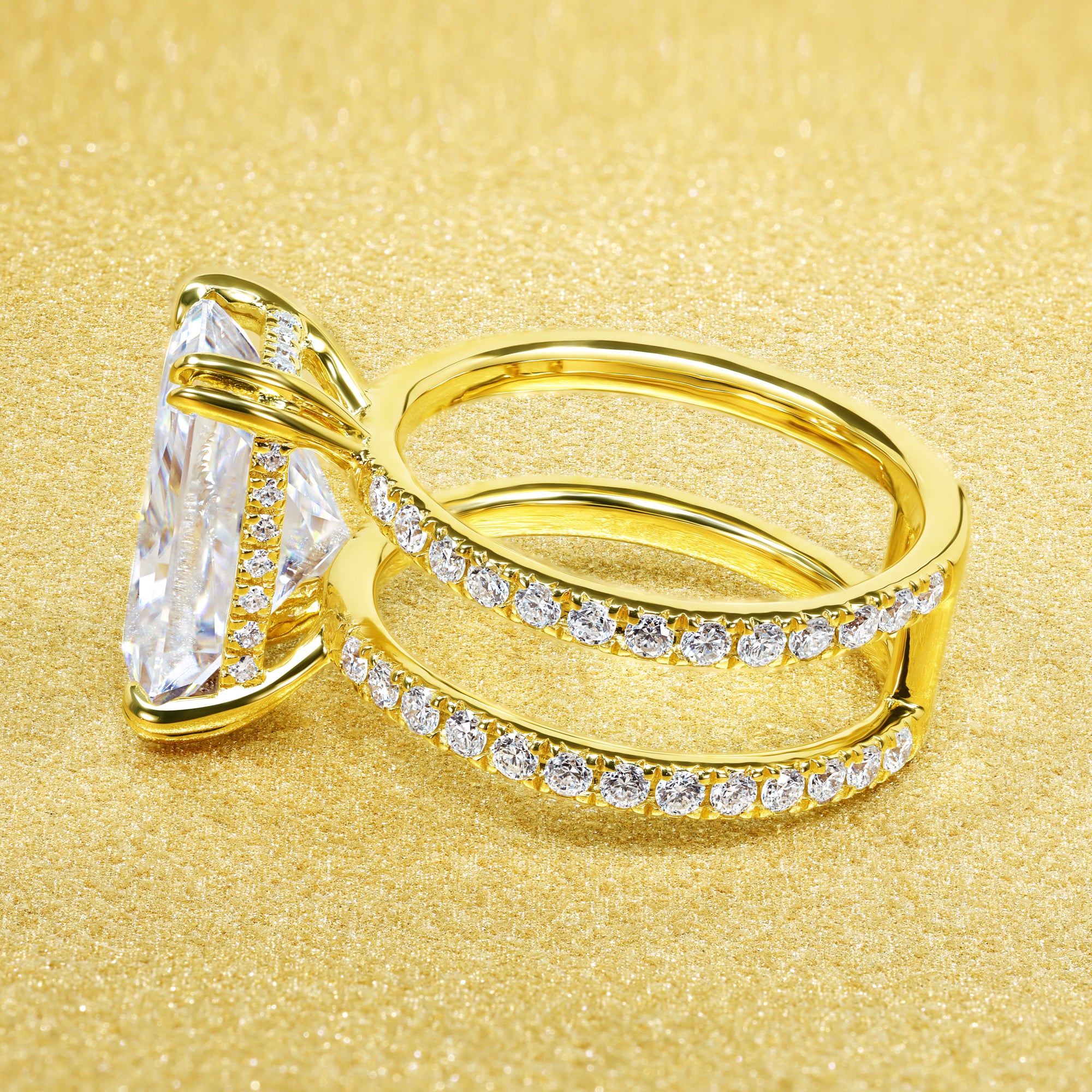 Alessandra 5ct Elongated Emerald-cut Moissanite Double Band Hidden Halo Engagement ring in 14K Gold, 18K Gold, Platinum handcrafted in Los Angeles by Earthena Jewelry.