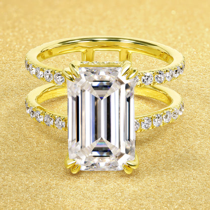 Alessandra 5ct Elongated Emerald-cut Moissanite and Lab-grown Diamond Double Band Hidden Halo Engagement ring in 14K or 18K Gold by Earthena Jewelry
