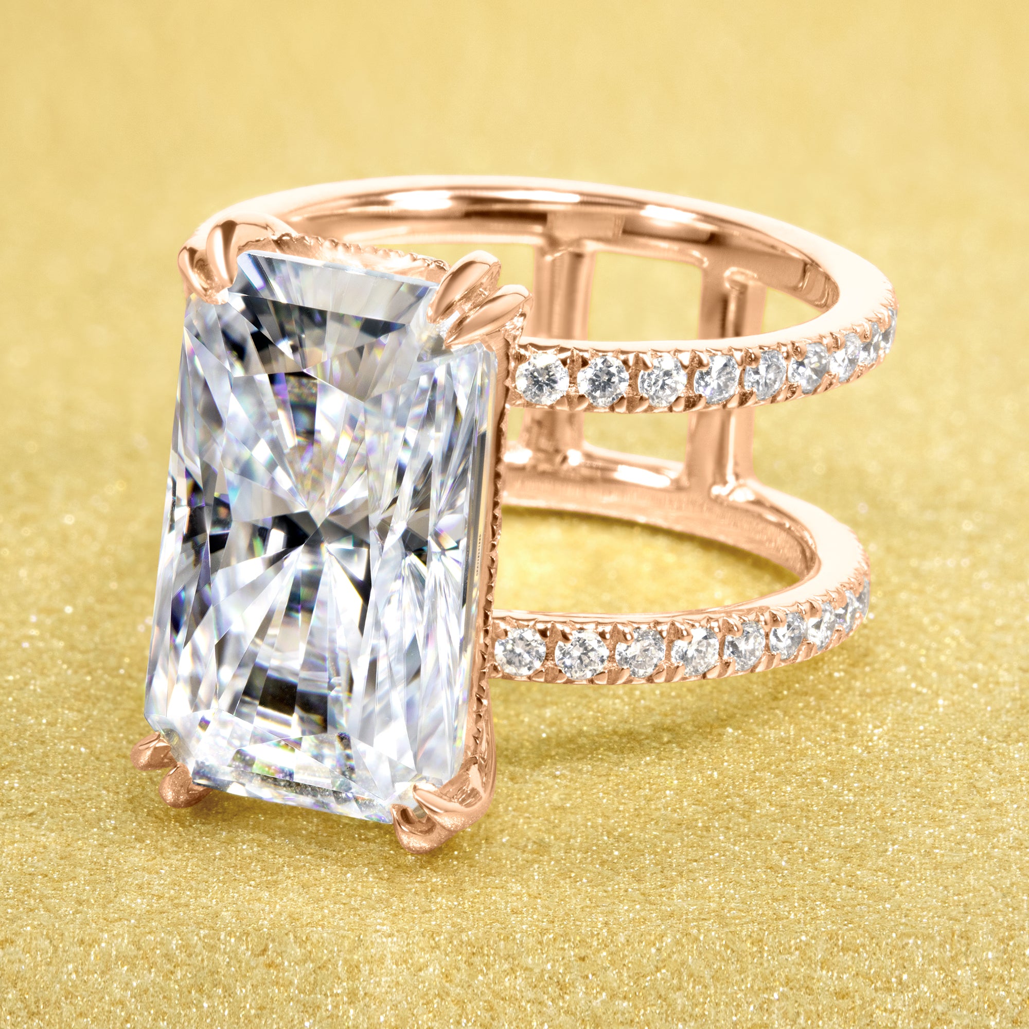 Alessandra 9ct Elongated Radiant-cut Moissanite Double Band Hidden Halo Engagement ring in 14K Gold, 18K Gold, or Platinum handcrafted in Los Angeles by Earthena Jewelry.