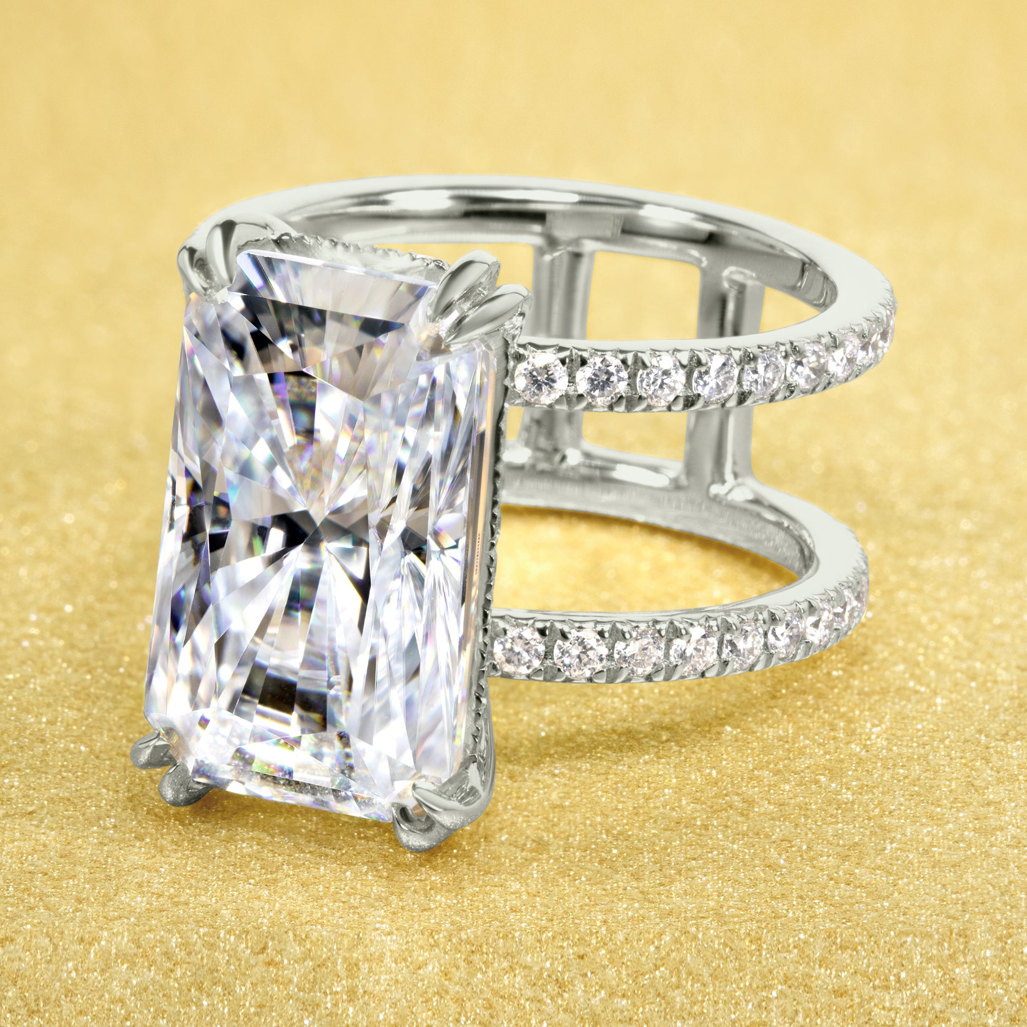 Alessandra 9ct Elongated Radiant-cut Moissanite Double Band Hidden Halo Engagement ring in 14K Gold, 18K Gold, or Platinum handcrafted in Los Angeles by Earthena Jewelry.