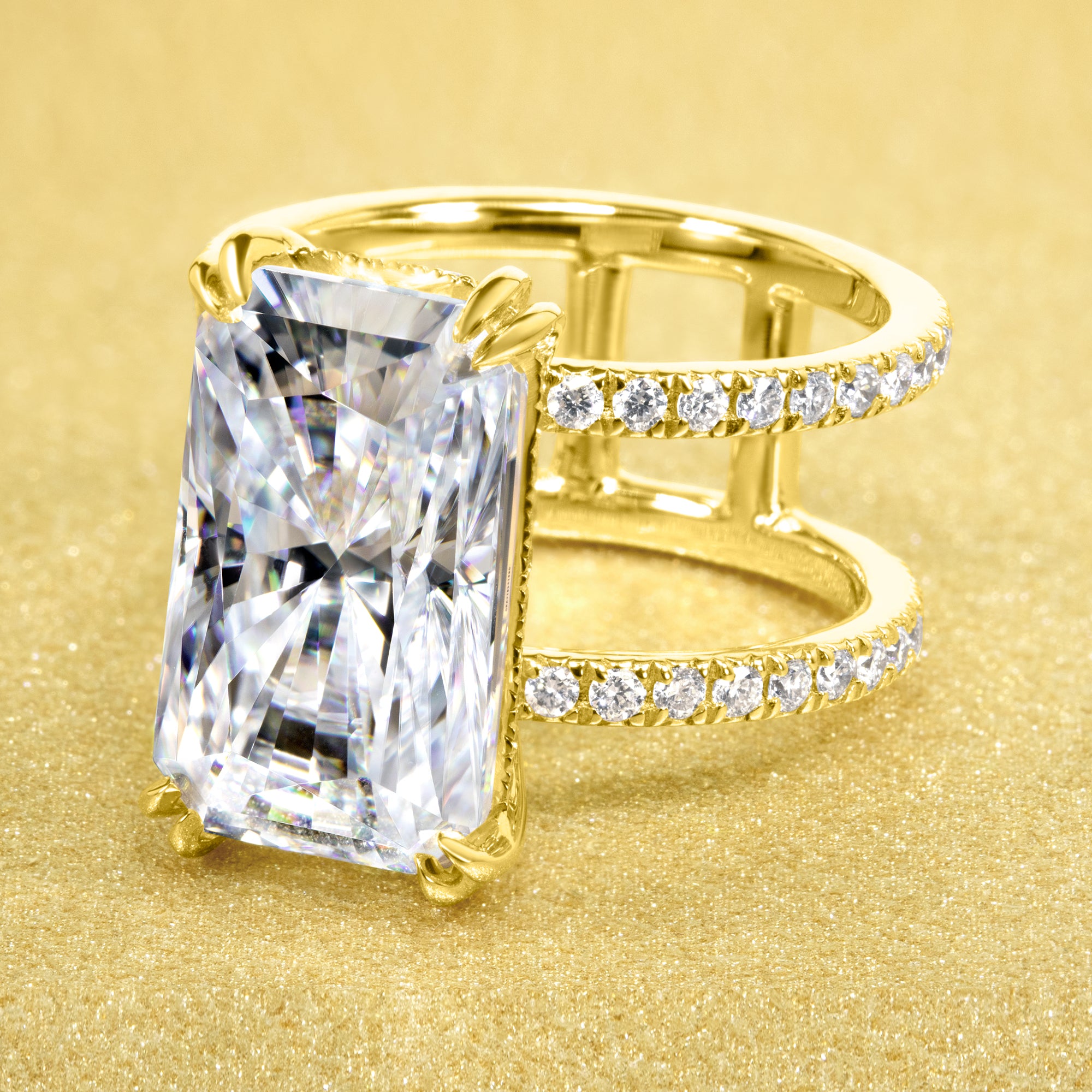 Alessandra 9ct Elongated Radiant-cut Moissanite Double Band Hidden Halo Engagement ring in 14K Gold, 18K Gold, or Platinum handcrafted in Los Angeles by Earthena Jewelry.