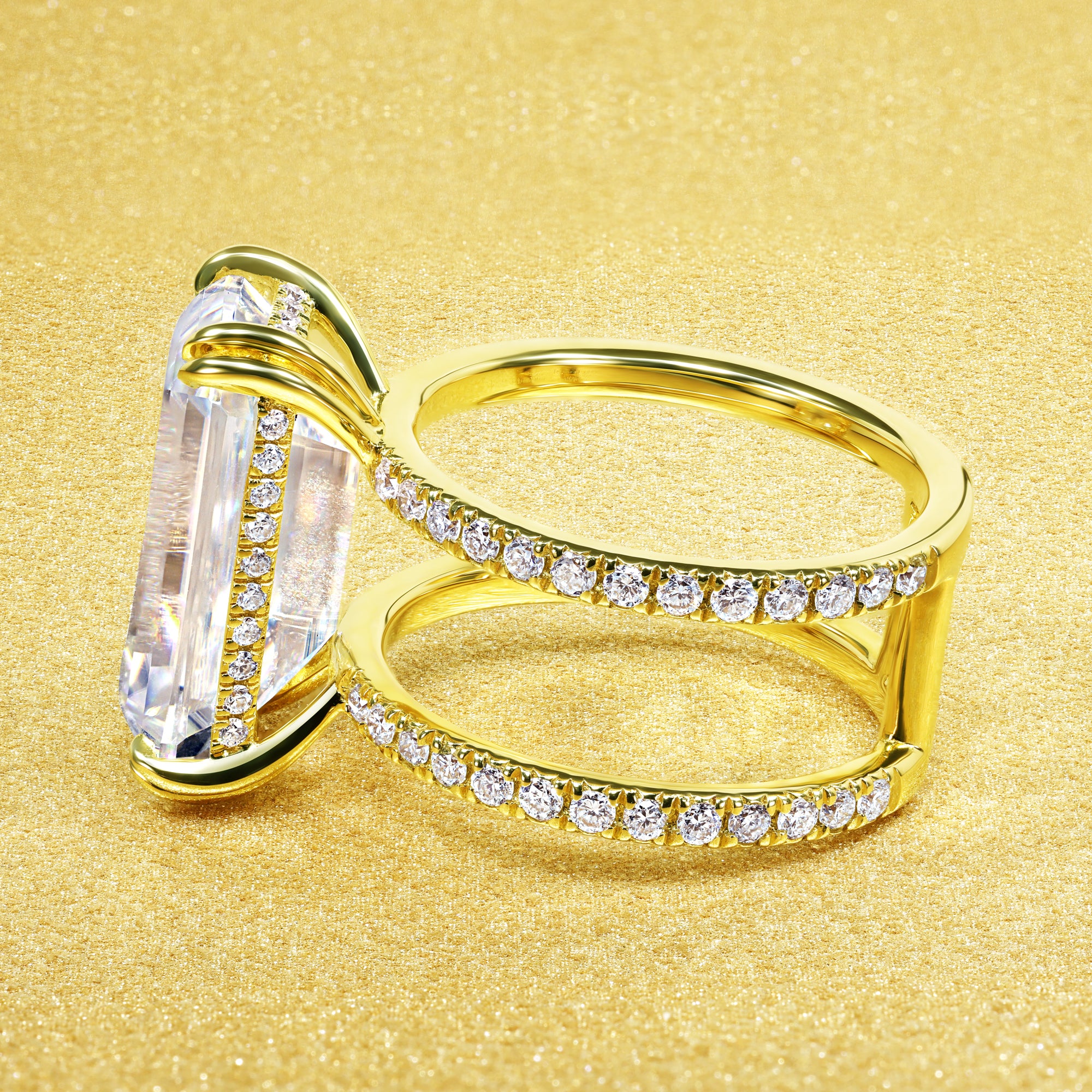 Alessandra 9ct Elongated Radiant-cut Moissanite Double Band Hidden Halo Engagement ring in 14K Gold, 18K Gold, or Platinum handcrafted in Los Angeles by Earthena Jewelry.