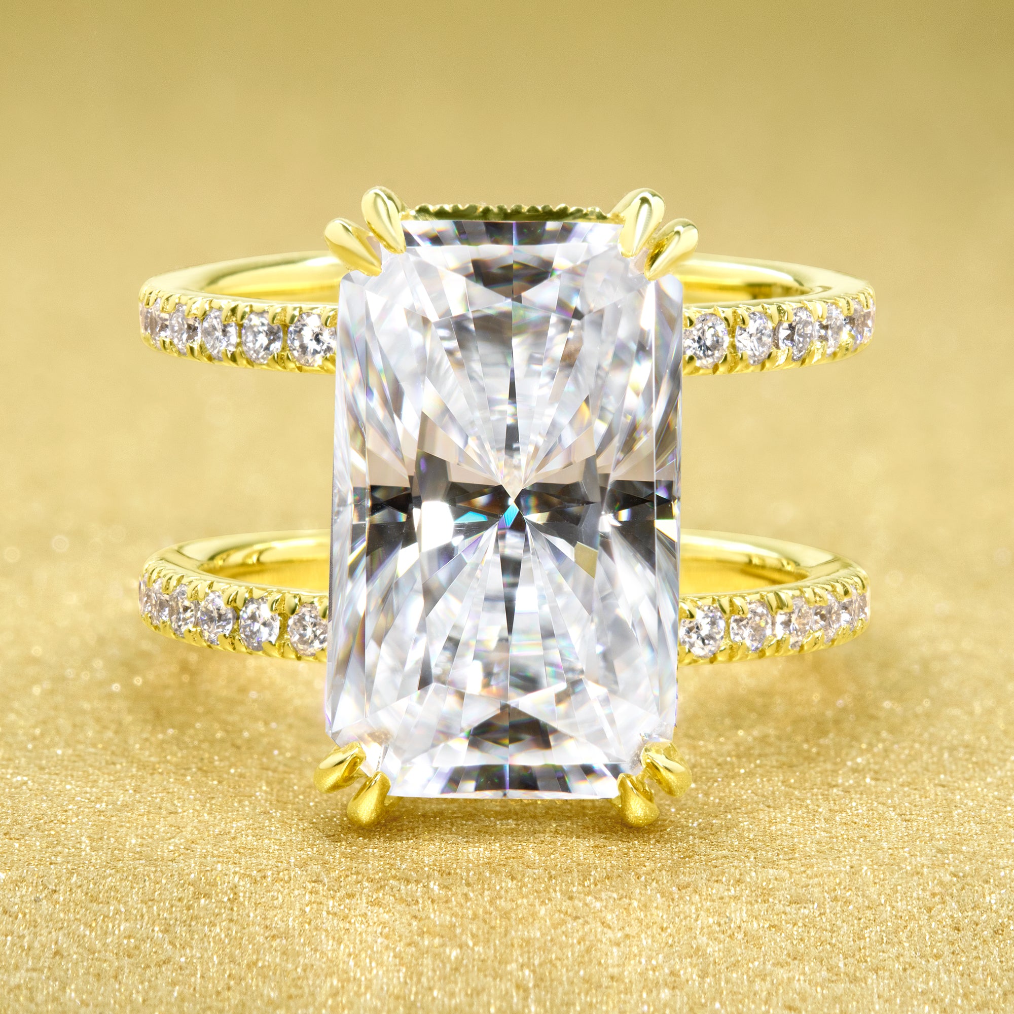 Alessandra 9ct Elongated Radiant-cut Moissanite Double Band Hidden Halo Engagement ring in 14K Gold, 18K Gold, or Platinum handcrafted in Los Angeles by Earthena Jewelry.