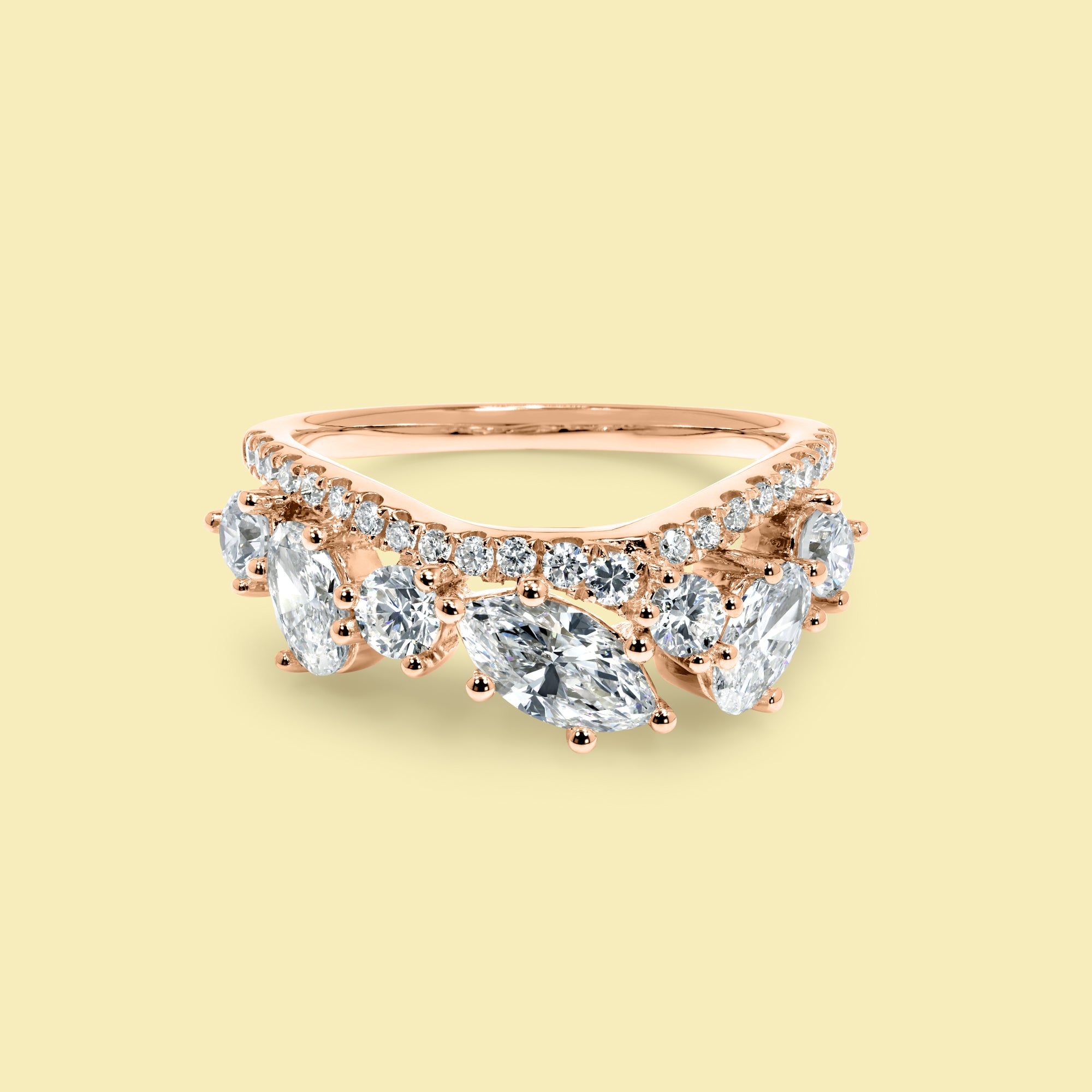 The Alessia, Double-Row Multi-Stone Curved Diamond Band Handcrafted in 14K Gold, 18K Gold, or Platinum by Earthena Jewelry of Beverly Hills.