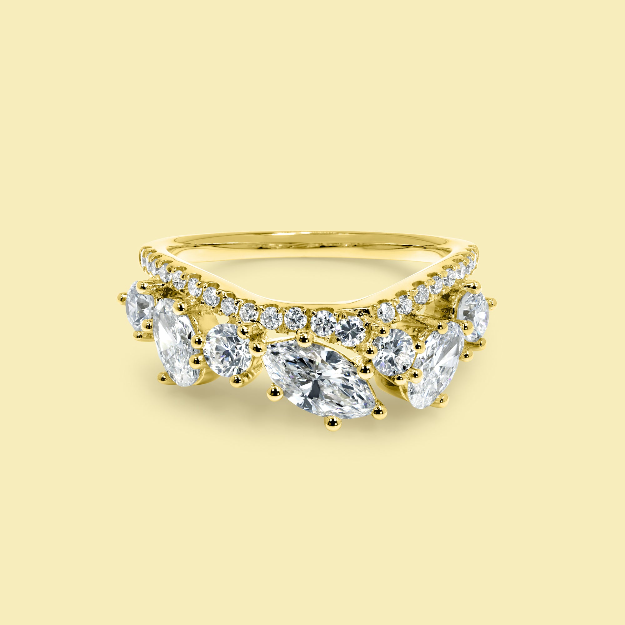 The Alessia, Double-Row Multi-Stone Curved Diamond Band Handcrafted in 14K Gold, 18K Gold, or Platinum by Earthena Jewelry of Beverly Hills.