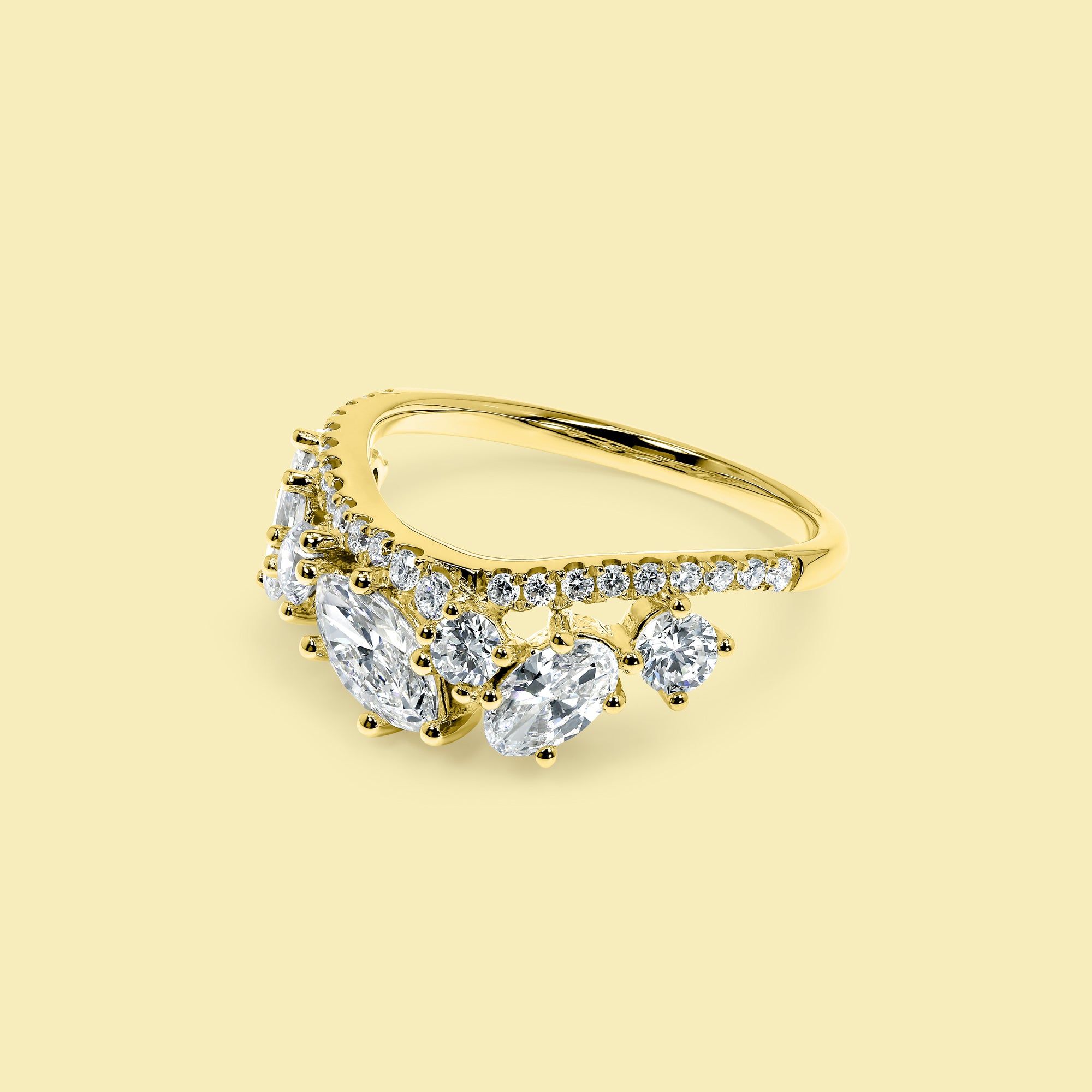 The Alessia, Double-Row Multi-Stone Curved Diamond Band Handcrafted in 14K Gold, 18K Gold, or Platinum by Earthena Jewelry of Beverly Hills.