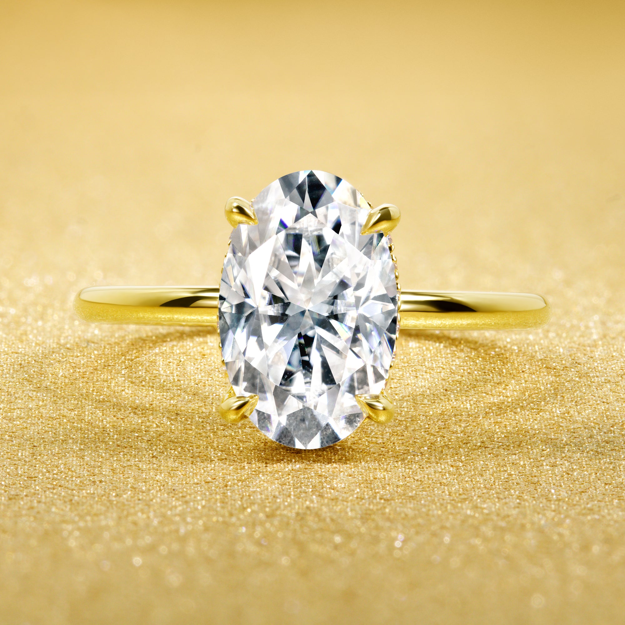 Classic Ariela 3ct Elongated Oval-cut Moissanite and Lab Diamond Hidden Halo Solitaire ring in 14K Gold, 18K Gold, or Platinum by Earthena Jewelry of Beverly Hills.