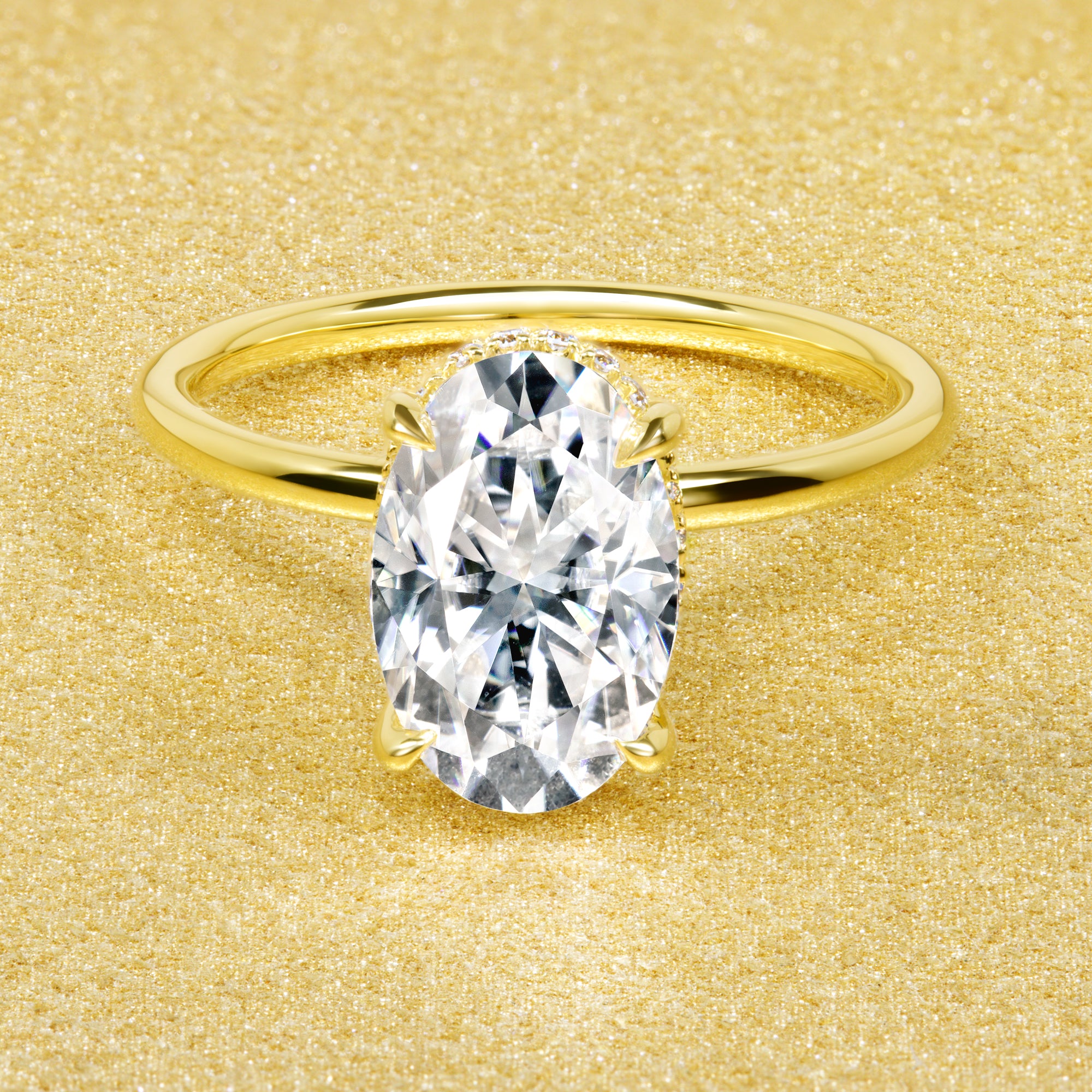 Classic Ariela 3ct Elongated Oval-cut Moissanite and Lab Diamond Hidden Halo Solitaire ring in 14K Gold, 18K Gold, or Platinum by Earthena Jewelry of Beverly Hills.