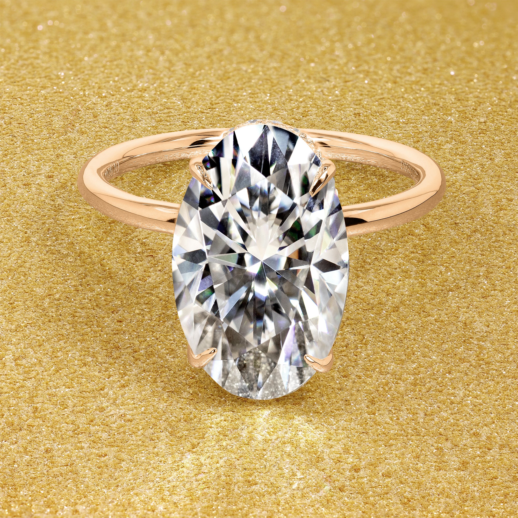 Classic Ariela 7ct Elongated Oval-cut Moissanite and Lab Diamond Hidden Halo Solitaire ring in 14K gold, 18K gold, or Platinum handcrafted in Los Angeles by Earthena Jewelry