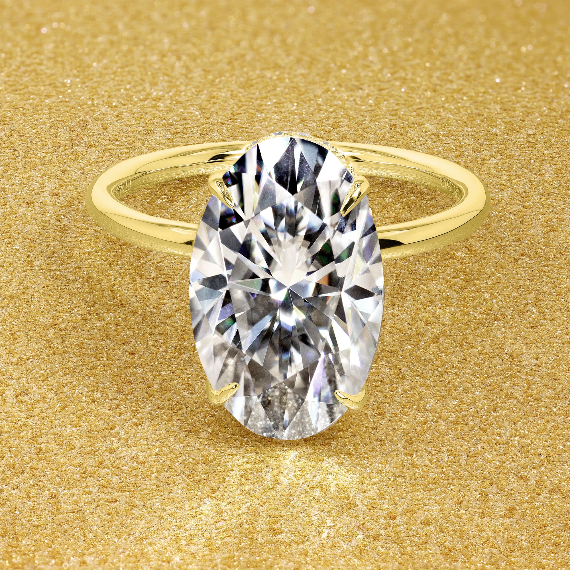 Classic Ariela 7ct Elongated Oval-cut Moissanite and Lab Diamond Hidden Halo Solitaire ring in 14K gold, 18K gold, or Platinum handcrafted in Los Angeles by Earthena Jewelry