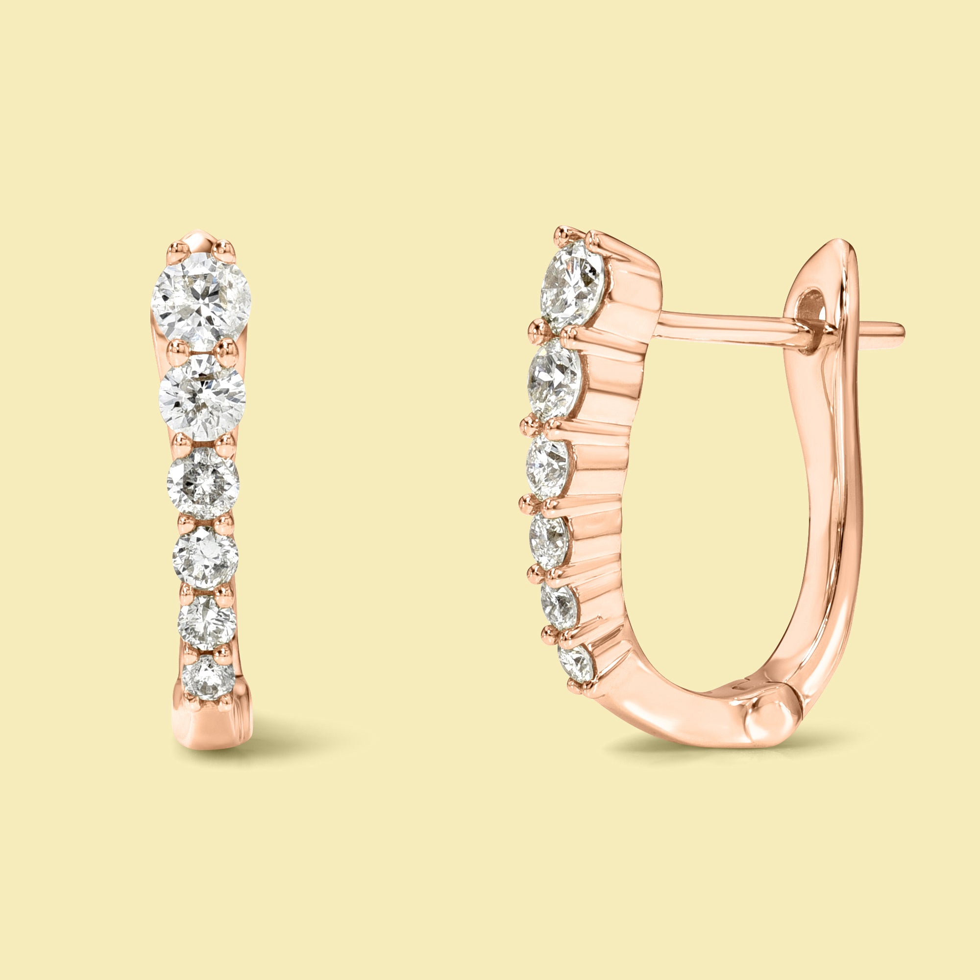 The Audrey, Graduated Straight Huggie Diamond Earrings are handcrafted in 14K gold, 18K gold, or Platinum by Earthena Jewelry of Beverly Hills.