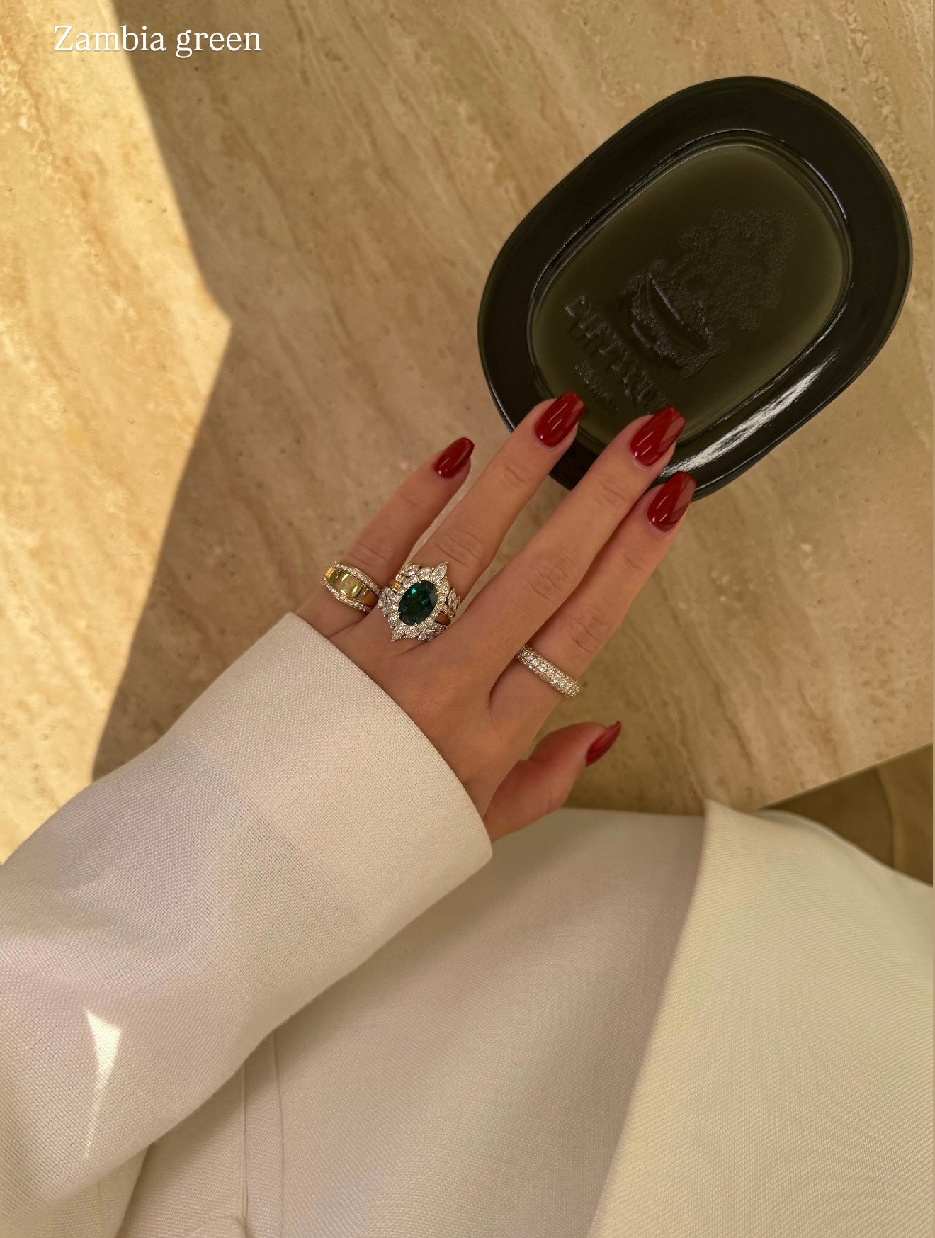 Gloria 3ct Oval Lab-Grown Zambian Green Emerald Trio Set with Dual Isabella V-Shaped Diamond Bands in 14K Gold, 18K Gold, or Platinum by Earthena Jewelry of Beverly Hills.