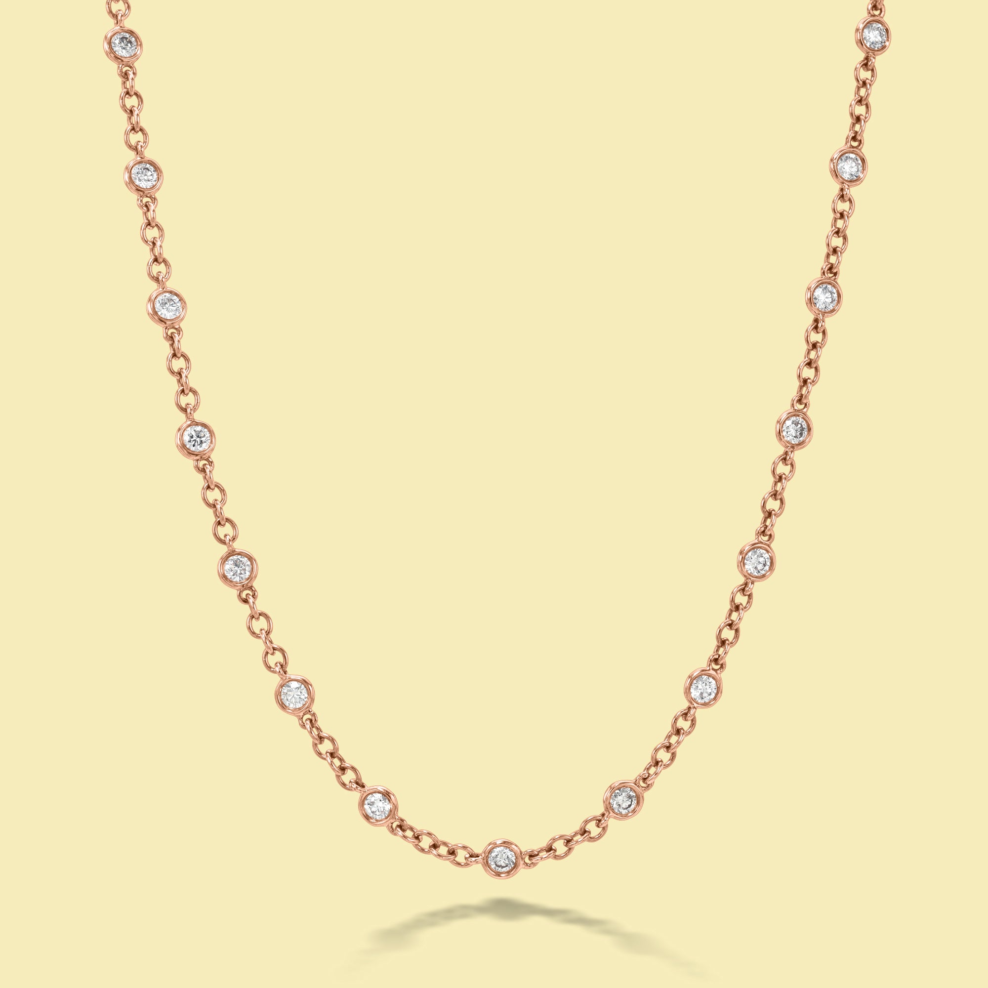 The Cloud, Essential Strand Diamond-by-the-yard Bezel Diamond Necklace is handcrafted in 14K Gold, 18K Gold, or Platinum by Earthena Jewelry in Beverly Hills.