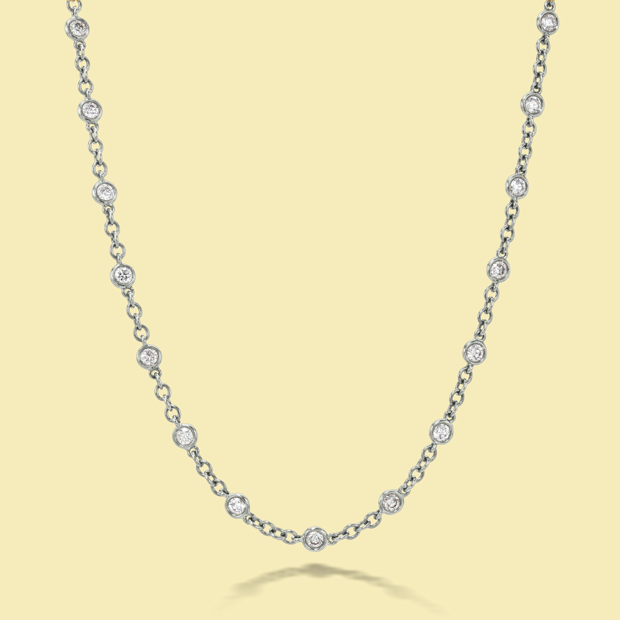 The Cloud, Essential Strand Diamond-by-the-yard Bezel Diamond Necklace is handcrafted in 14K Gold, 18K Gold, or Platinum by Earthena Jewelry in Beverly Hills.