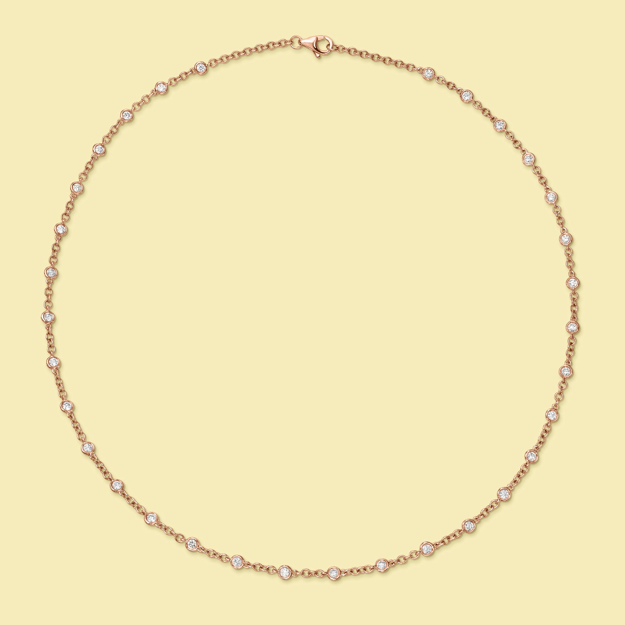 The Cloud, Essential Strand Diamond-by-the-yard Bezel Diamond Necklace is handcrafted in 14K Gold, 18K Gold, or Platinum by Earthena Jewelry in Beverly Hills.