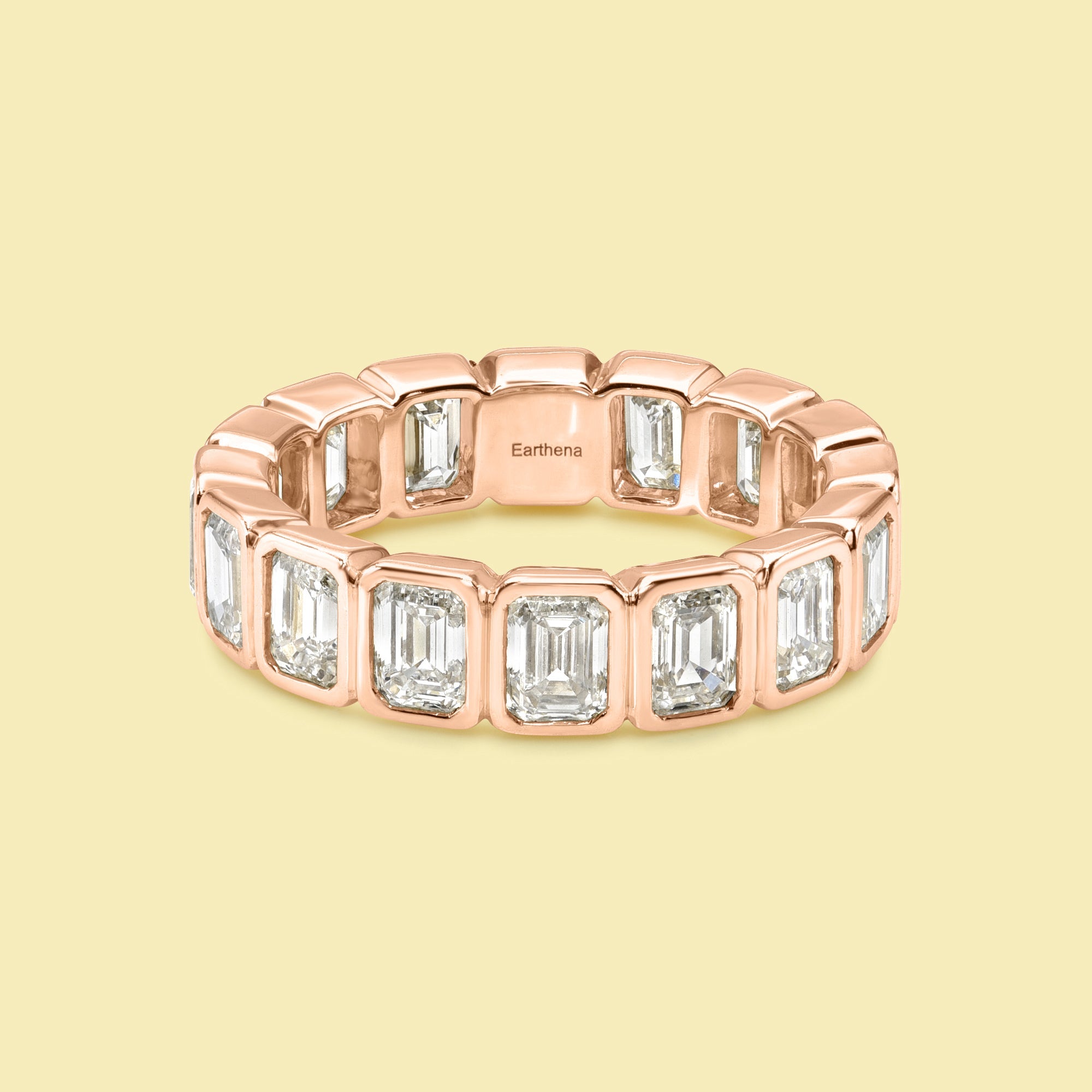 Fiona Emerald cut Bezel Eternity Lab-grown Diamond Wedding Band Handcrafted in 14K gold, 18K gold, Platinum handcrafted in Los Angeles by Earthena Jewelry of Beverly Hills.