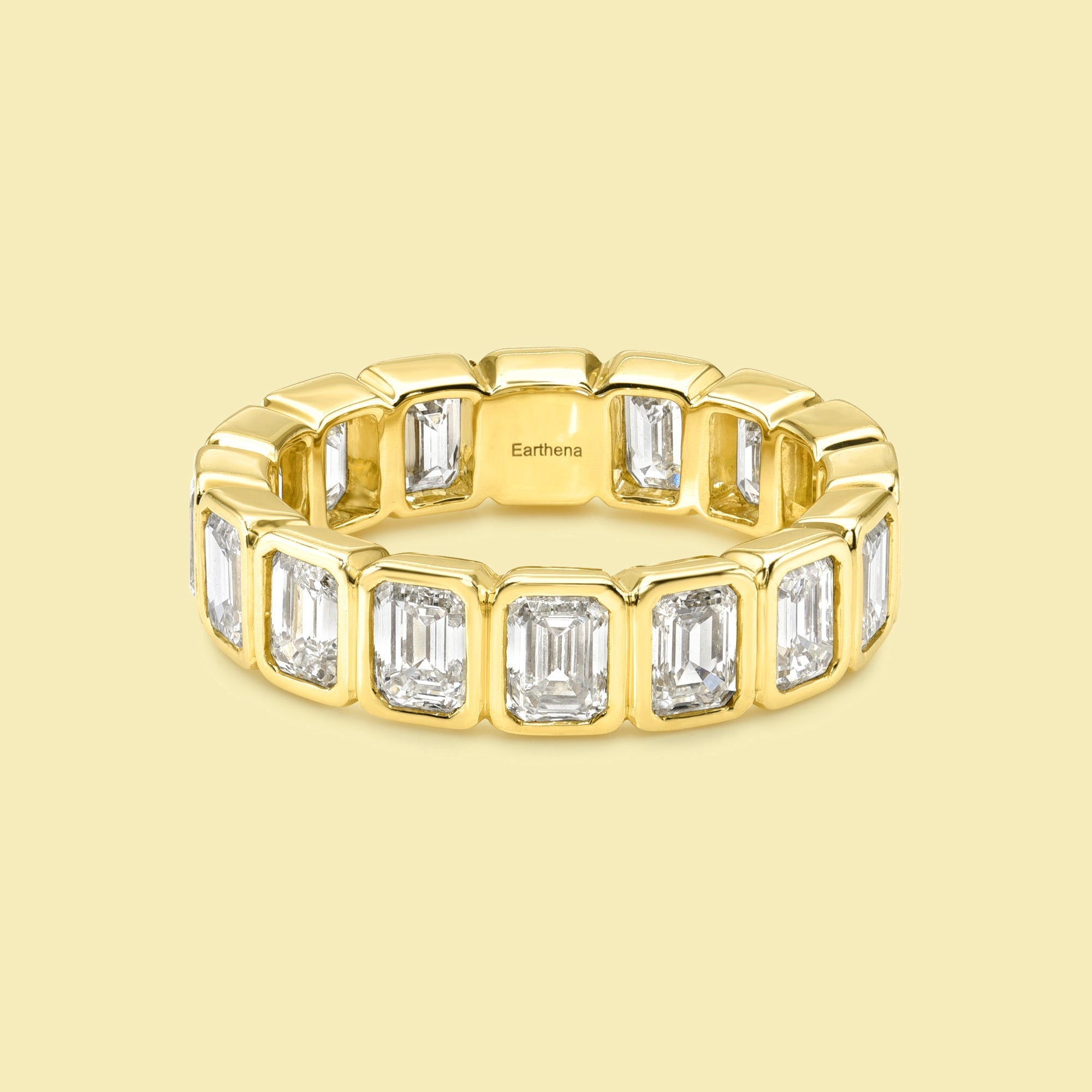 Fiona Emerald cut Bezel Eternity Lab-grown Diamond Wedding Band Handcrafted in 14K gold, 18K gold, Platinum handcrafted in Los Angeles by Earthena Jewelry of Beverly Hills.