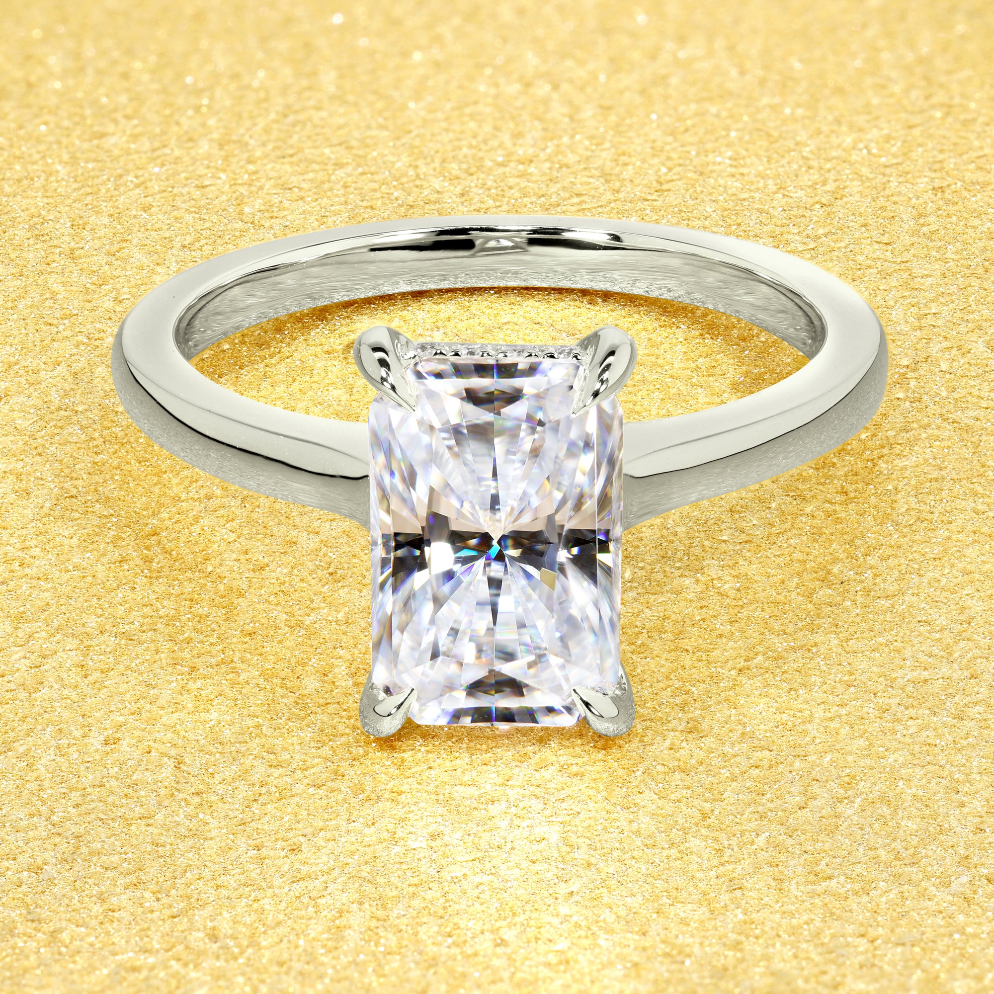 Classic 3ct Elongated Radiant-cut Hidden Halo Cathedral Style Solitaire Engagement ring in 14K gold, 18K gold, or Platinum handcrafted in Los Angeles by Earthena Jewelry