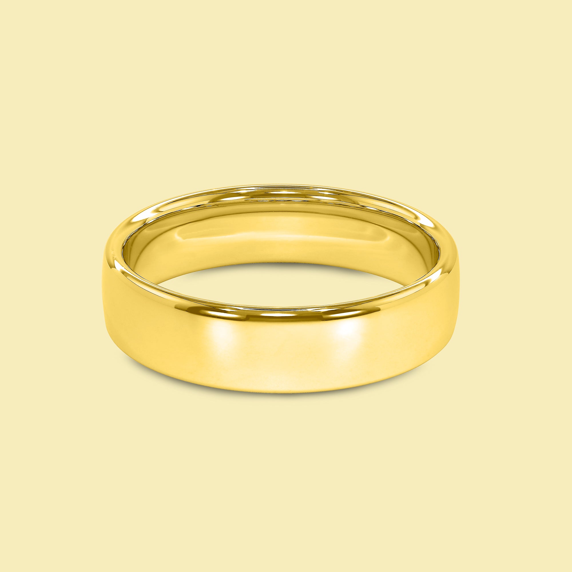 The Elias Solid Gold 6mm European High Polish Comfort Fit Men's Wedding Band in 14K Gold, 18K Gold, or Platinum by Earthena Jewelry of Beverly Hills.