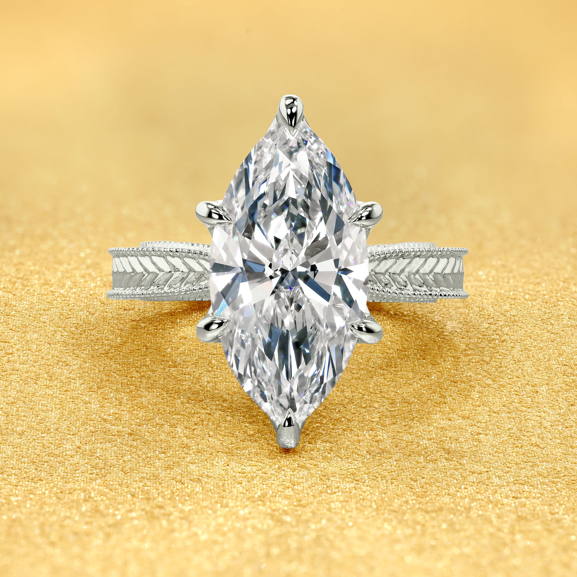 Classic Elizabeth 4ct Marquise Brilliant-Cut Lab-Grown Diamond Engraved Vintage-Inspired Tulip Engagement Ring in 14K Gold, 18K Gold, or Platinum by Earthena Jewelry of Beverly Hills.