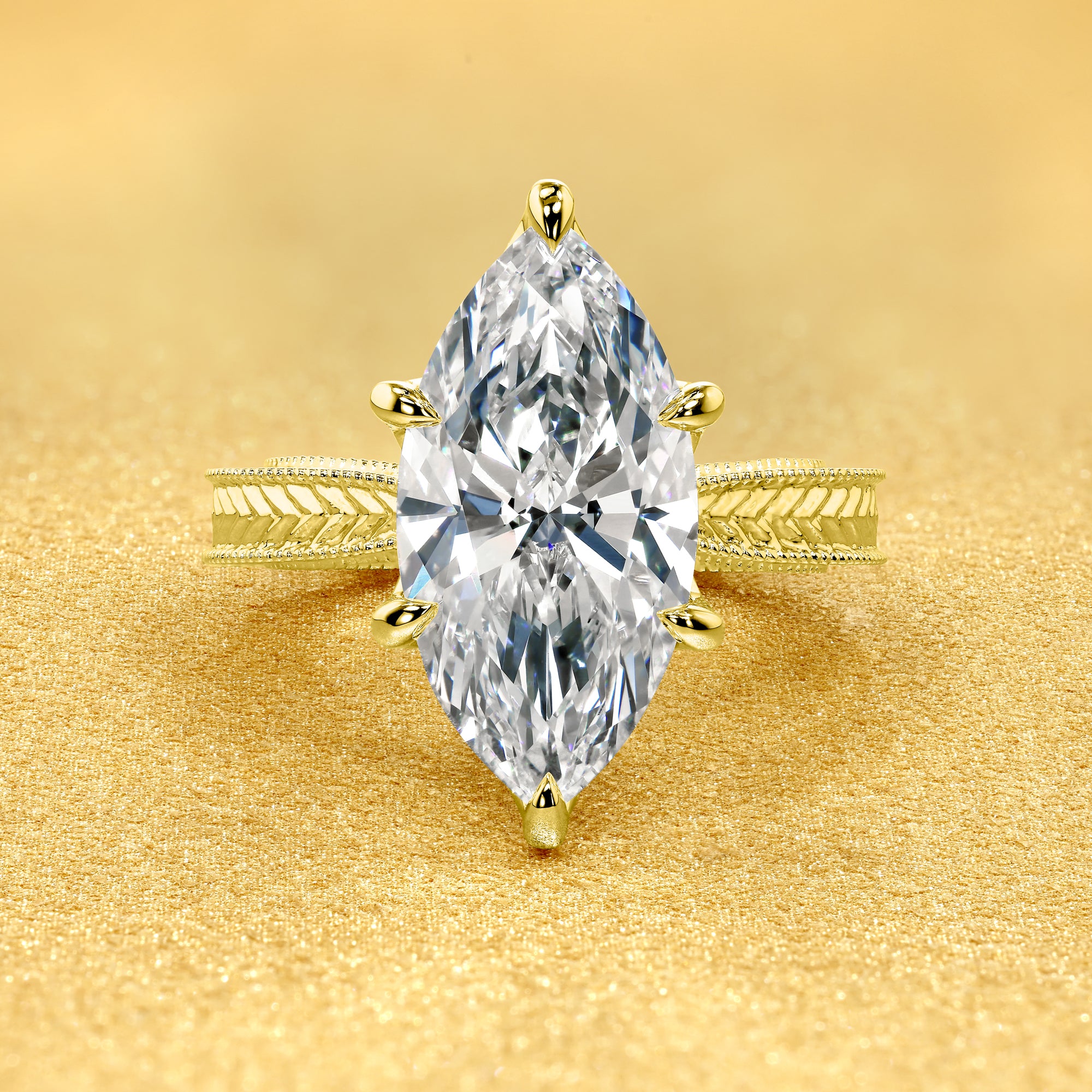 Classic Elizabeth 4ct Marquise Brilliant-Cut Lab-Grown Diamond Engraved Vintage-Inspired Tulip Engagement Ring in 14K Gold, 18K Gold, or Platinum by Earthena Jewelry of Beverly Hills.