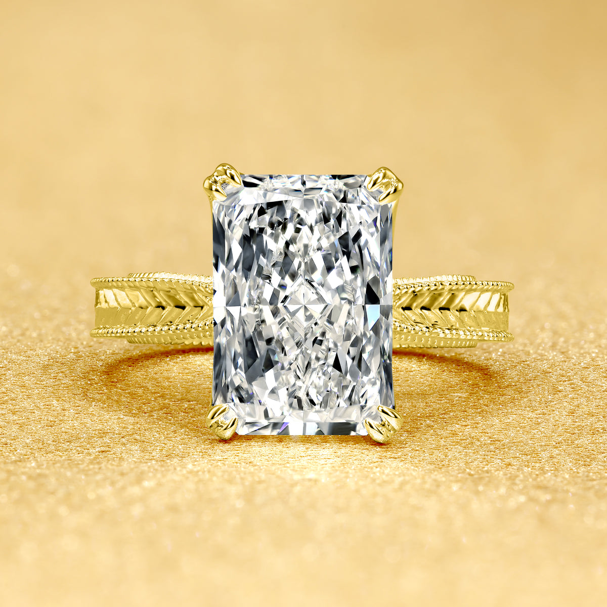 The Elizabeth, 4ct Elongated Radiant-Cut Lab-Grown Diamond Engraved 4-Prong Tulip Engagement Ring in 14K Gold, 18K Gold, or Platinum by Earthena Jewelry of Beverly Hills.