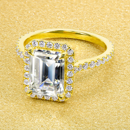 Emilia 2.5ct Emerald-cut Moissanite and Lab-grown Diamond Halo Diamond Bridge Cathedral Style Engagement ring in 14K or 18K Solid Gold by Earthena Jewelry