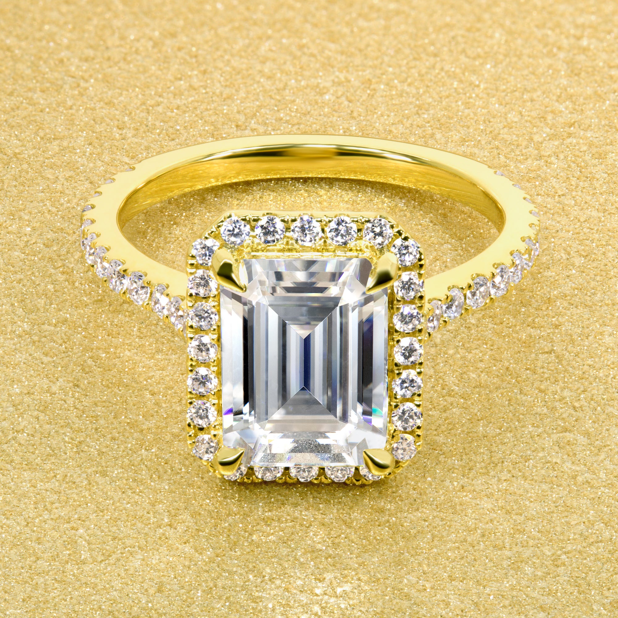 Emilia 2.5ct Emerald-cut Moissanite and Lab-grown Diamond Halo Diamond Bridge Cathedral Style Engagement ring in 14K gold, 18K Gold or Platinum handcrafted in Los Angeles by Earthena Jewelry