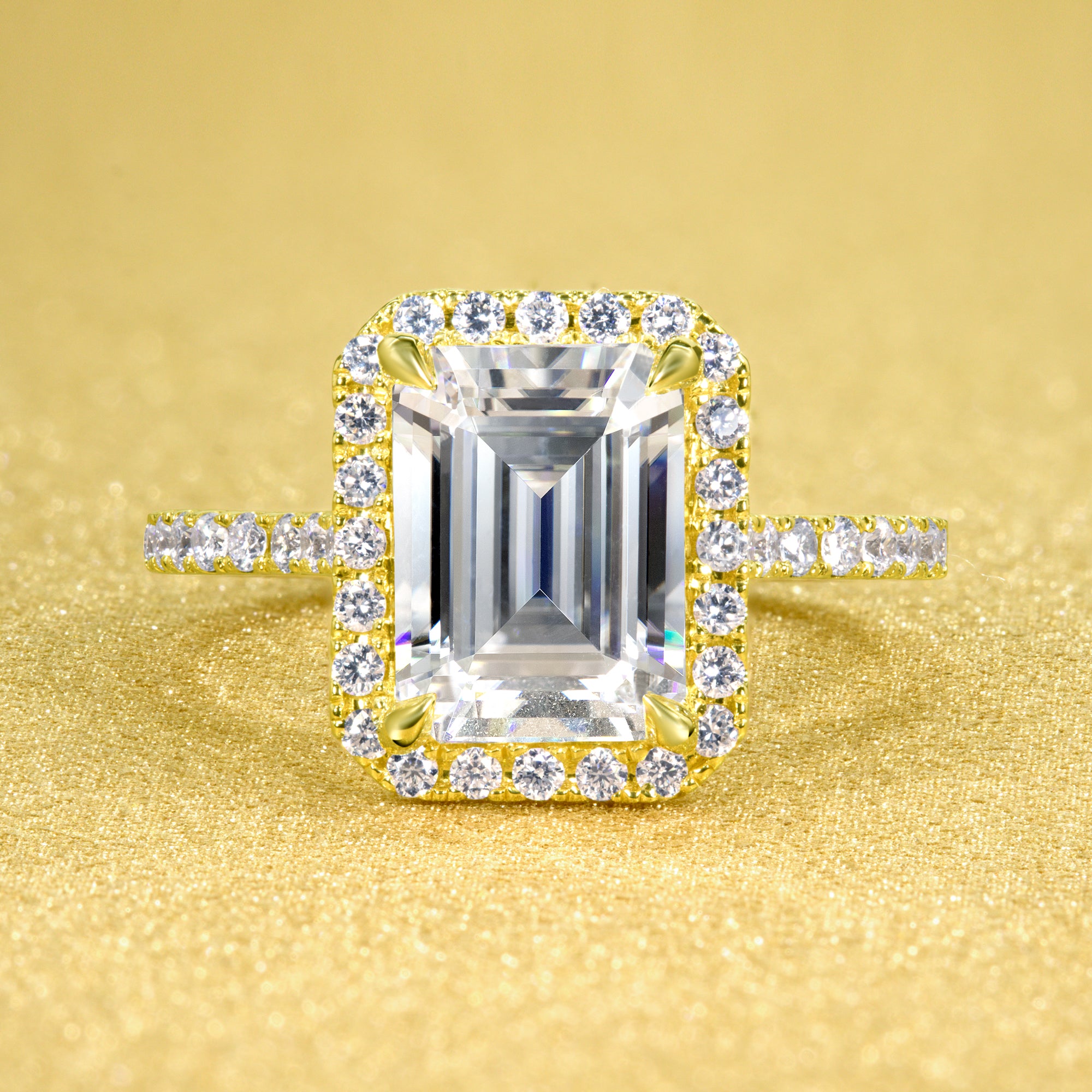 Emilia 2.5ct Emerald-cut Moissanite and Lab-grown Diamond Halo Diamond Bridge Cathedral Style Engagement ring in 14K gold, 18K Gold or Platinum handcrafted in Los Angeles by Earthena Jewelry