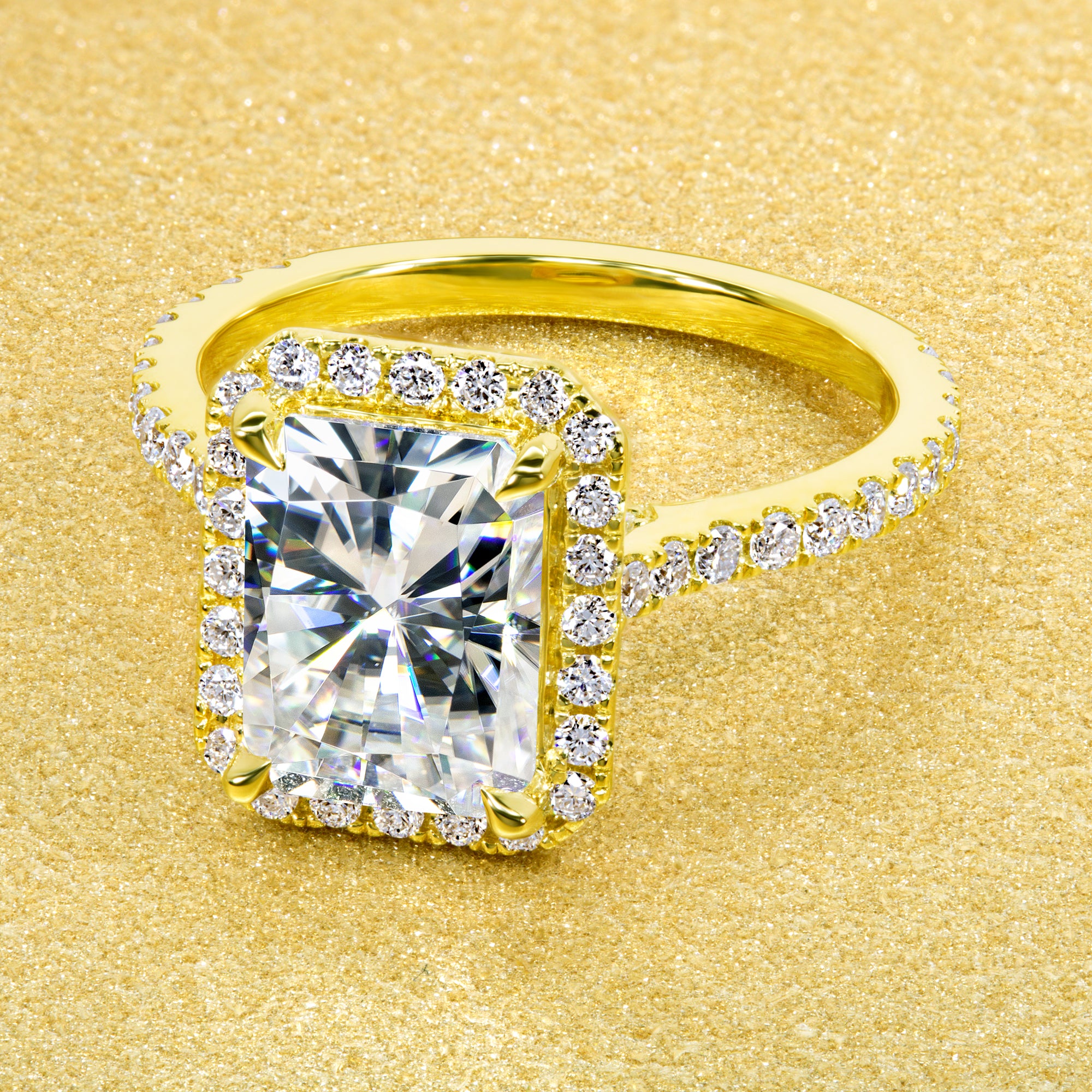 Classic Emilia 2.7ct Radiant-cut Moissanite Halo Diamond Bridge Cathedral Style Engagement ring in 14K Gold, 18K Gold, or Platinum handcrafted in Beverly Hills by Earthena Jewelry.