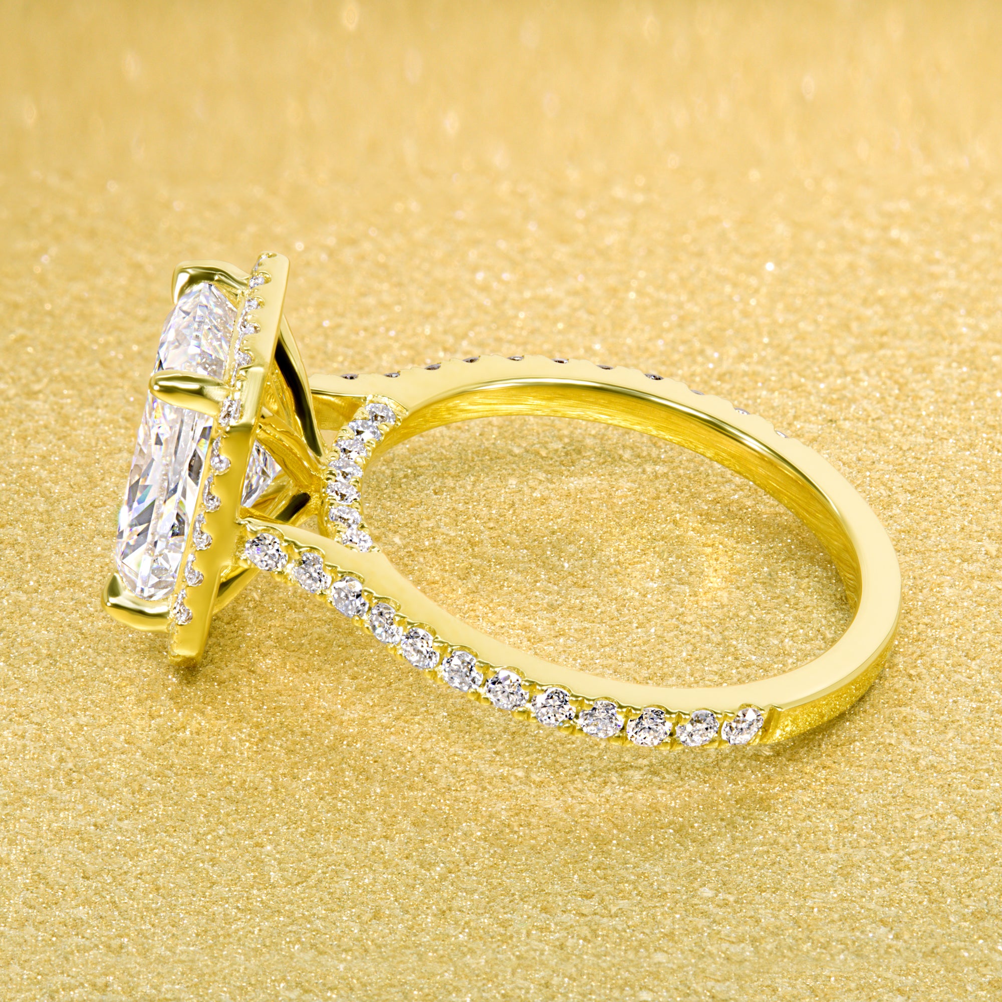 Classic Emilia 2.7ct Radiant-cut Moissanite Halo Diamond Bridge Cathedral Style Engagement ring in 14K Gold, 18K Gold, or Platinum handcrafted in Beverly Hills by Earthena Jewelry.