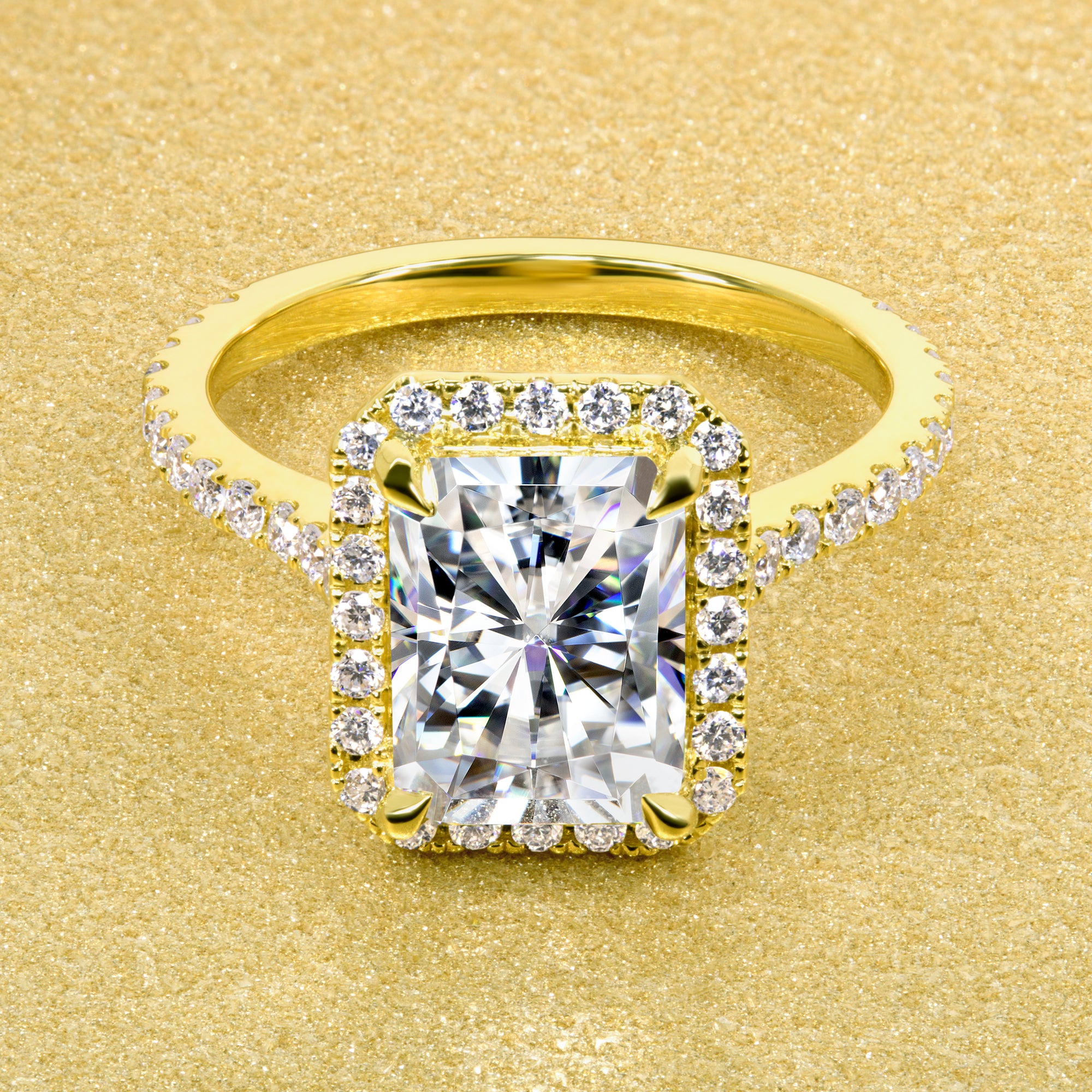 Classic Emilia 2.7ct Radiant-cut Moissanite Halo Diamond Bridge Cathedral Style Engagement ring in 14K Gold, 18K Gold, or Platinum handcrafted in Beverly Hills by Earthena Jewelry.